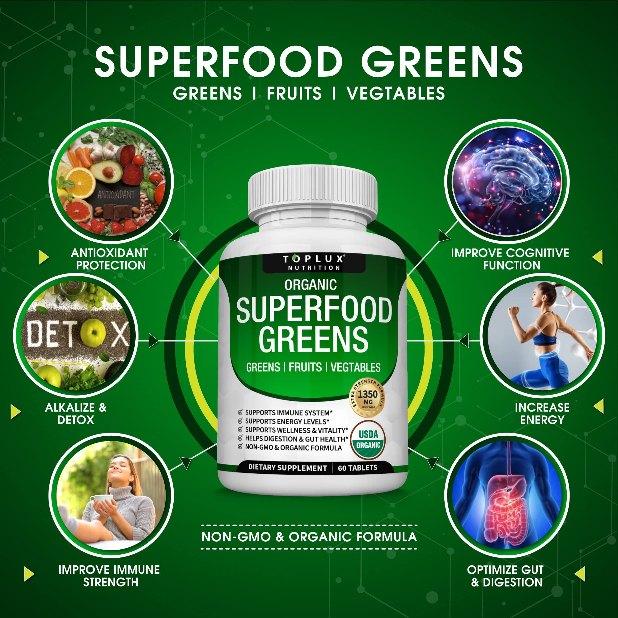 Organic Super Greens Capsules Superfood Fruit Veggie Supplement - 28 Powerful Natural Toplux uk supplements