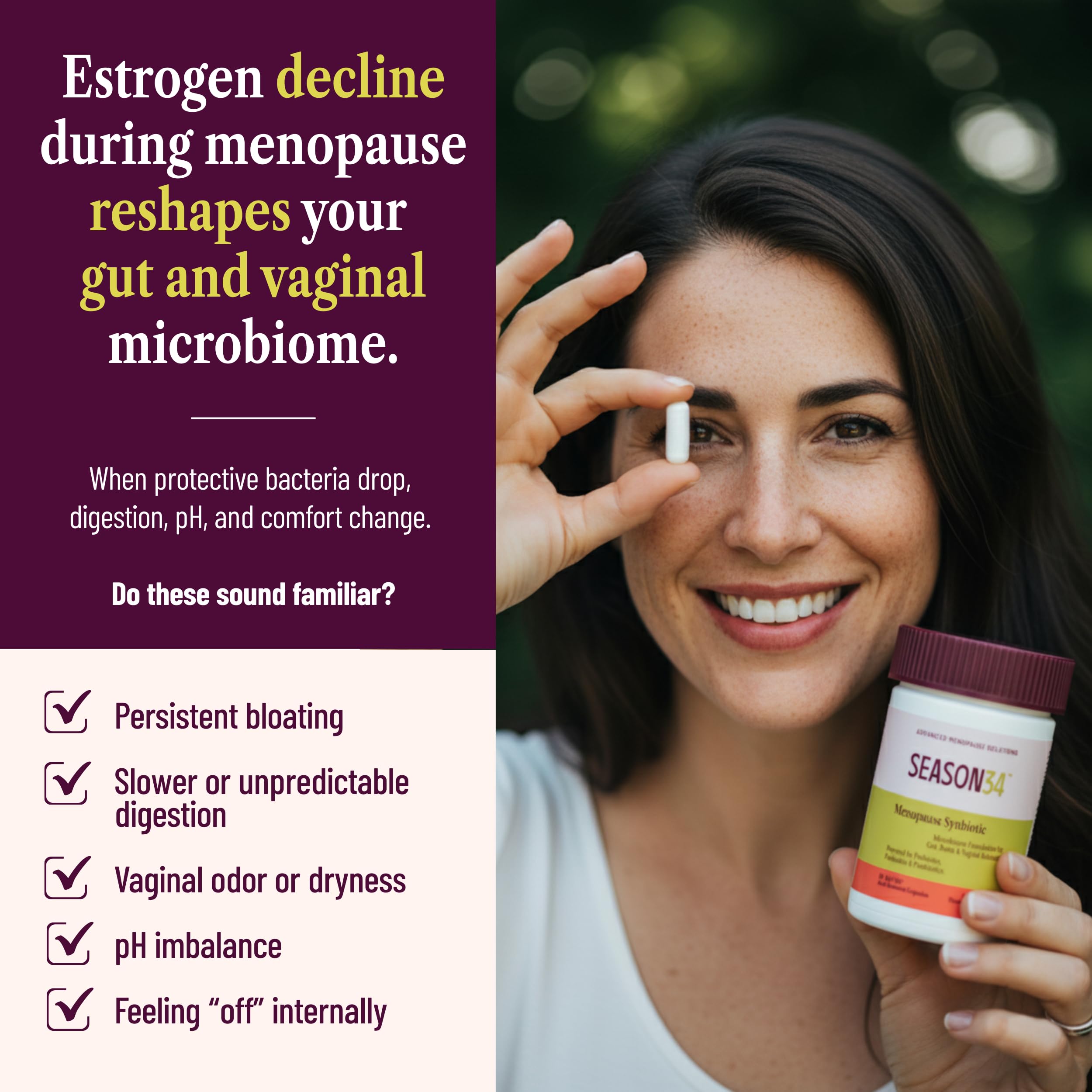 SEASON34 3-in-1 Menopause Probiotic for Women 40+ | Vaginal Care, pH, Odor & Intimate Comfort + Skin, Gut & Bloat Support | with Prebiotic Fiber & Postbiotics | 30 Capsules, 1 Month Supply SEASON34 uk supplements
