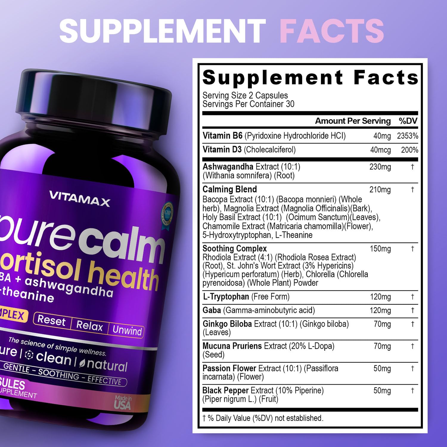 Vitamax Pure Calm Cortisol Supplements for Women - L Theanine, Ashwagandha, GABA for Relaxation, Mood & Stress Support with Ginkgo Biloba, Bacopa Monnieri, 5-HTP – Non-GMO, Made in USA – 60ct Vitamax uk supplements