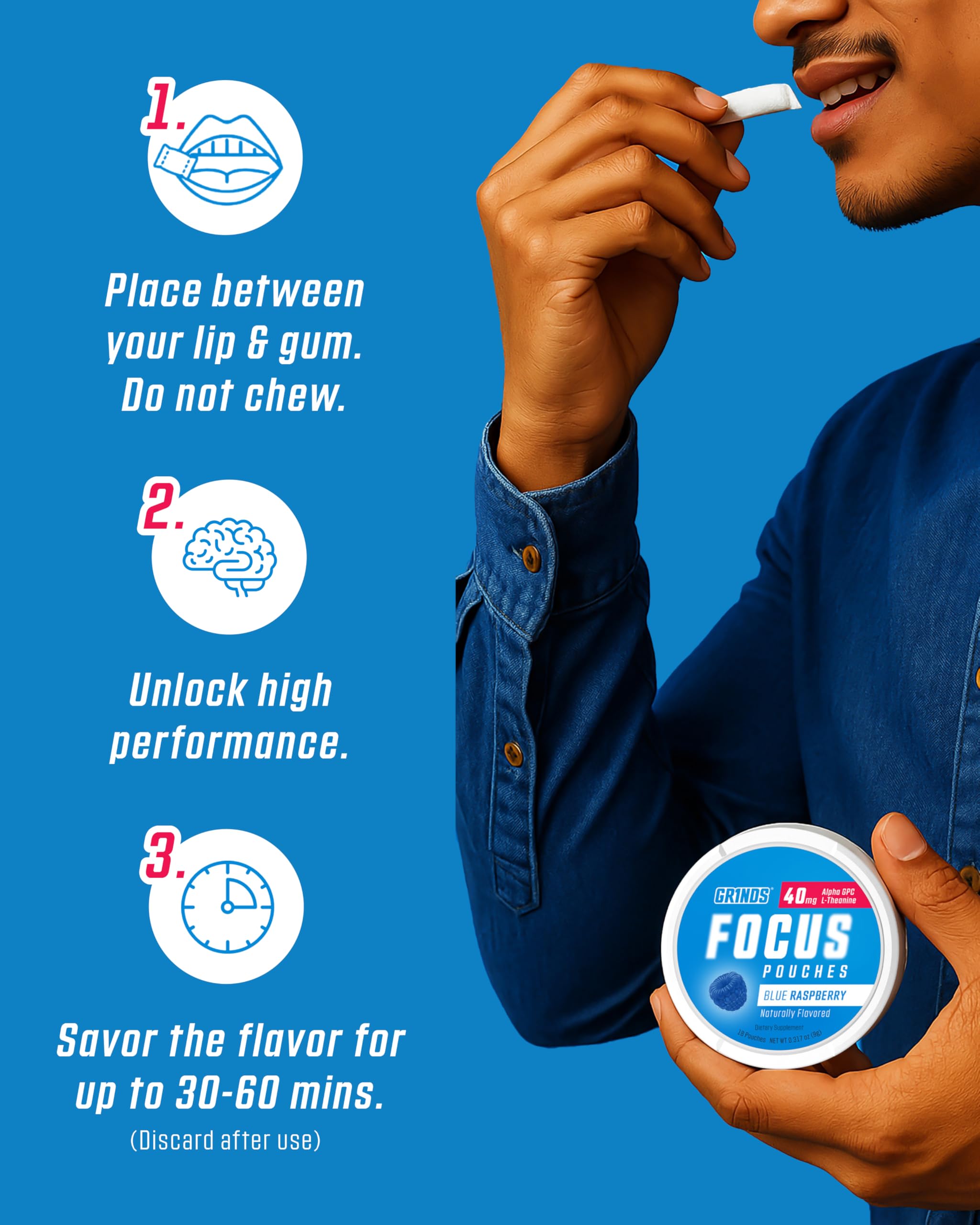 GRINDS Focus Pouches - Naturally Flavored with Nootropic Ingredients - Contains Alpha GPC and L-Theanine - Nicotine-Free, Sugar-Free - 3 Pack, 18 Pouches Per Can - Blue Raspberry GRINDS uk supplements