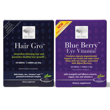 NEW NORDIC Hair & Eye Support Tablets Bundle, Hair GRO Natural Hair Growth and Blue Berry Eye Vitamin Supplements NEW NORDIC uk supplements