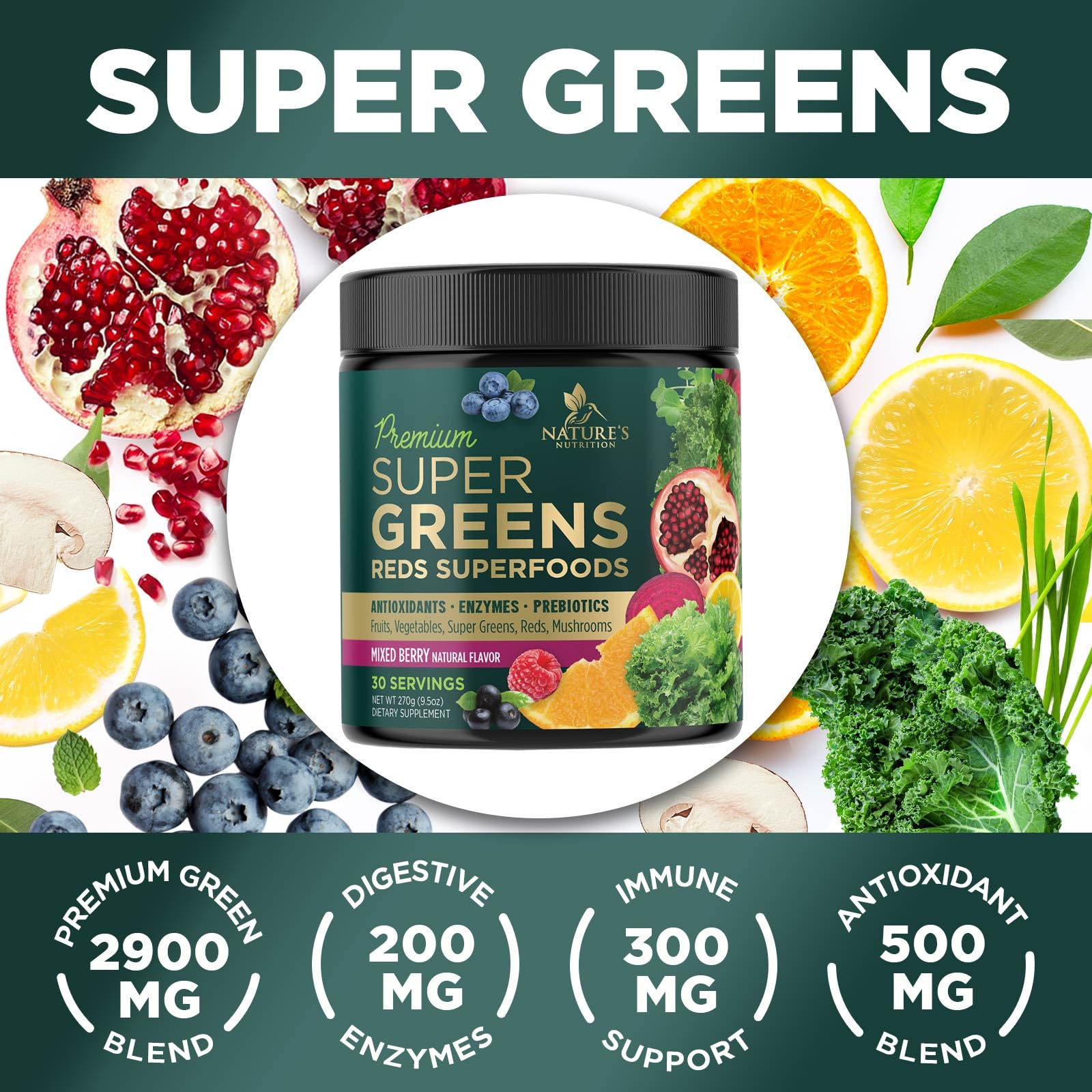 Greens Superfood Powder Supplement - Super Green Smoothie Mix Blend with Spirulina Nature's Nutrition uk supplements