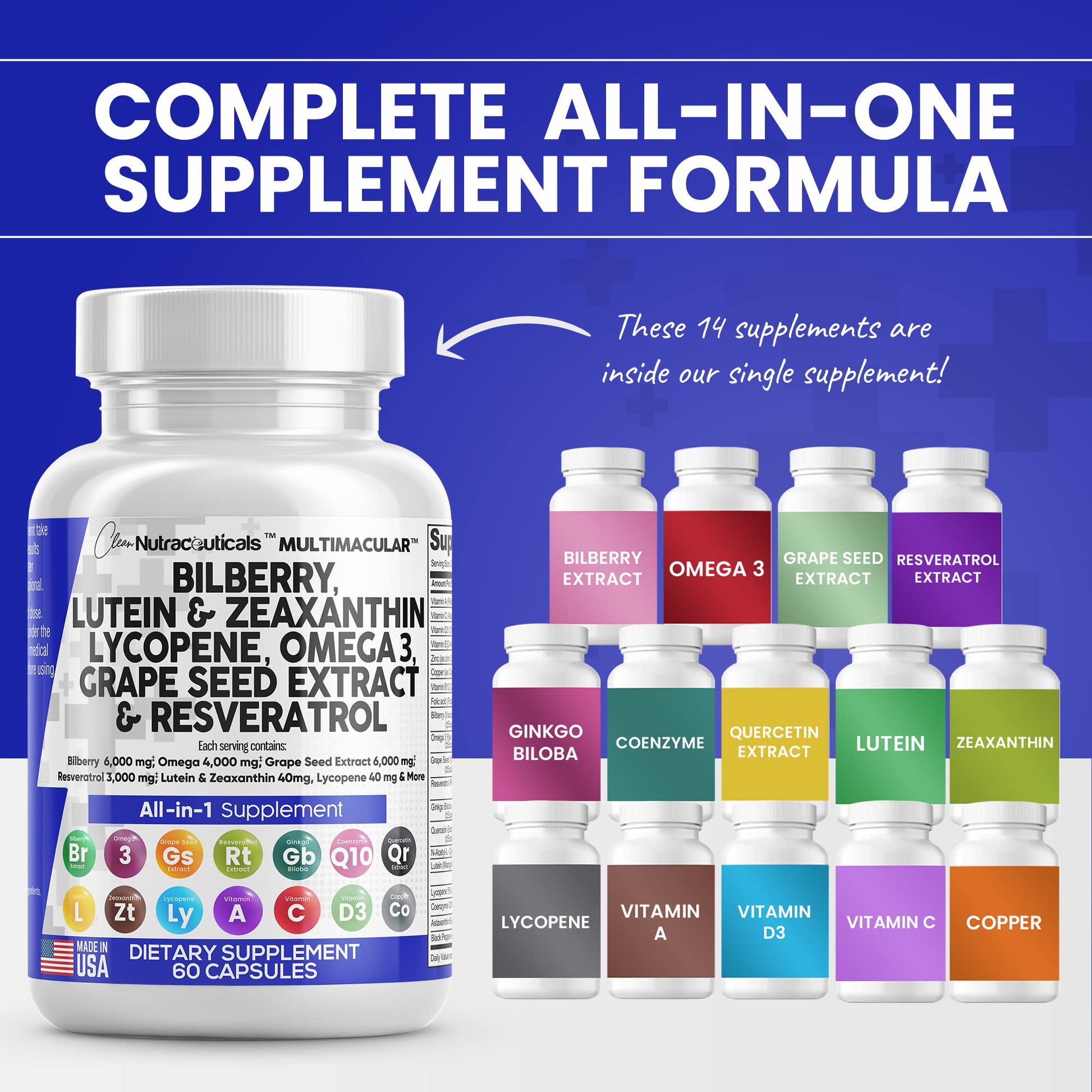 Eye Health Vitamins with Bilberry 6000mg Lutein & Zeaxanthin 40mg Lyco Clean Nutraceuticals uk supplements