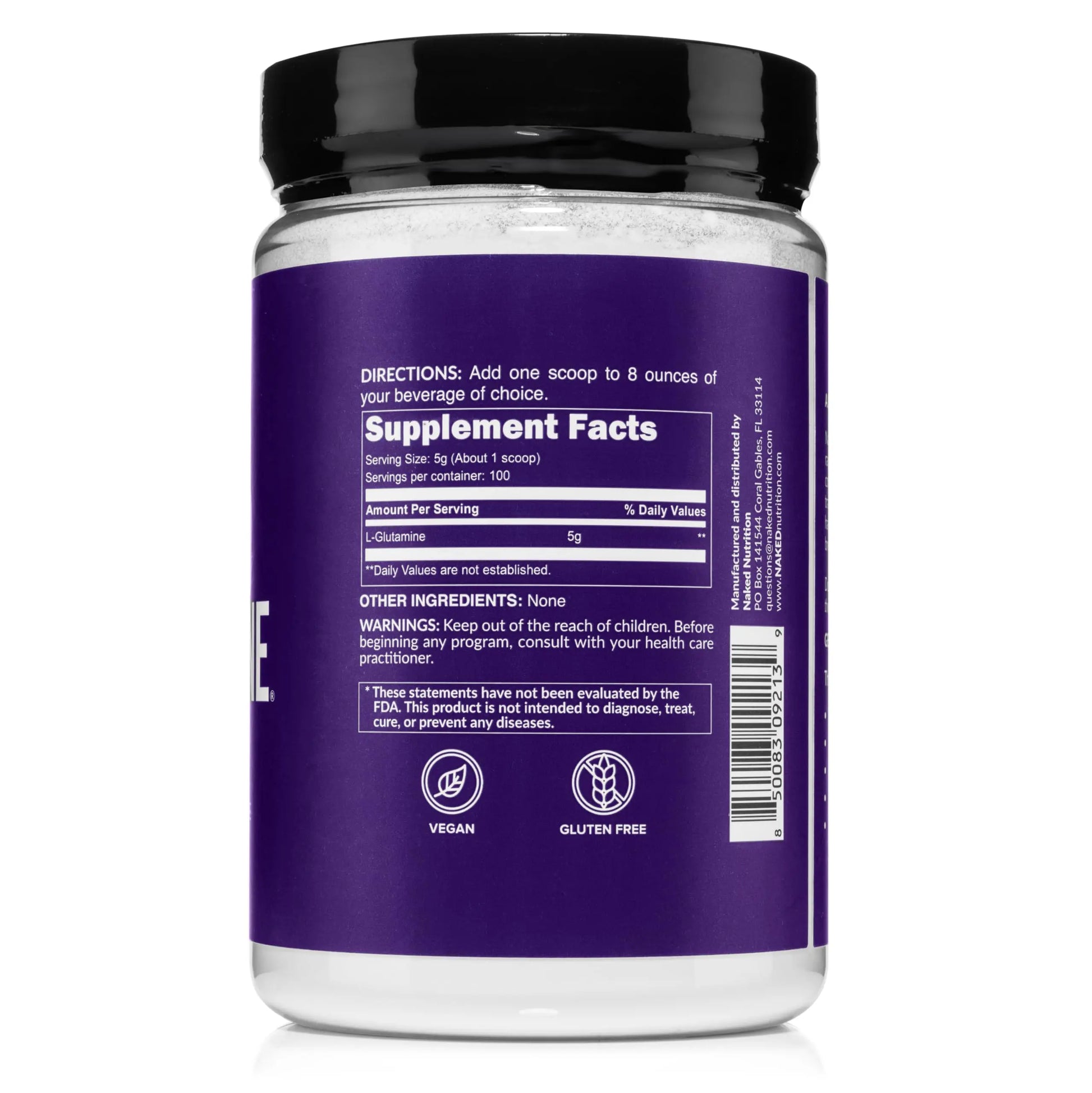 Pure L-Glutamine Made in The USA - 100 Servings - 500g, 1.1lb Bulk, Vegan, Non-GMO, Gluten and Soy Free. Minimize Muscle Breakdown & Improve Protein Synthesis. No Additives NAKED uk supplements