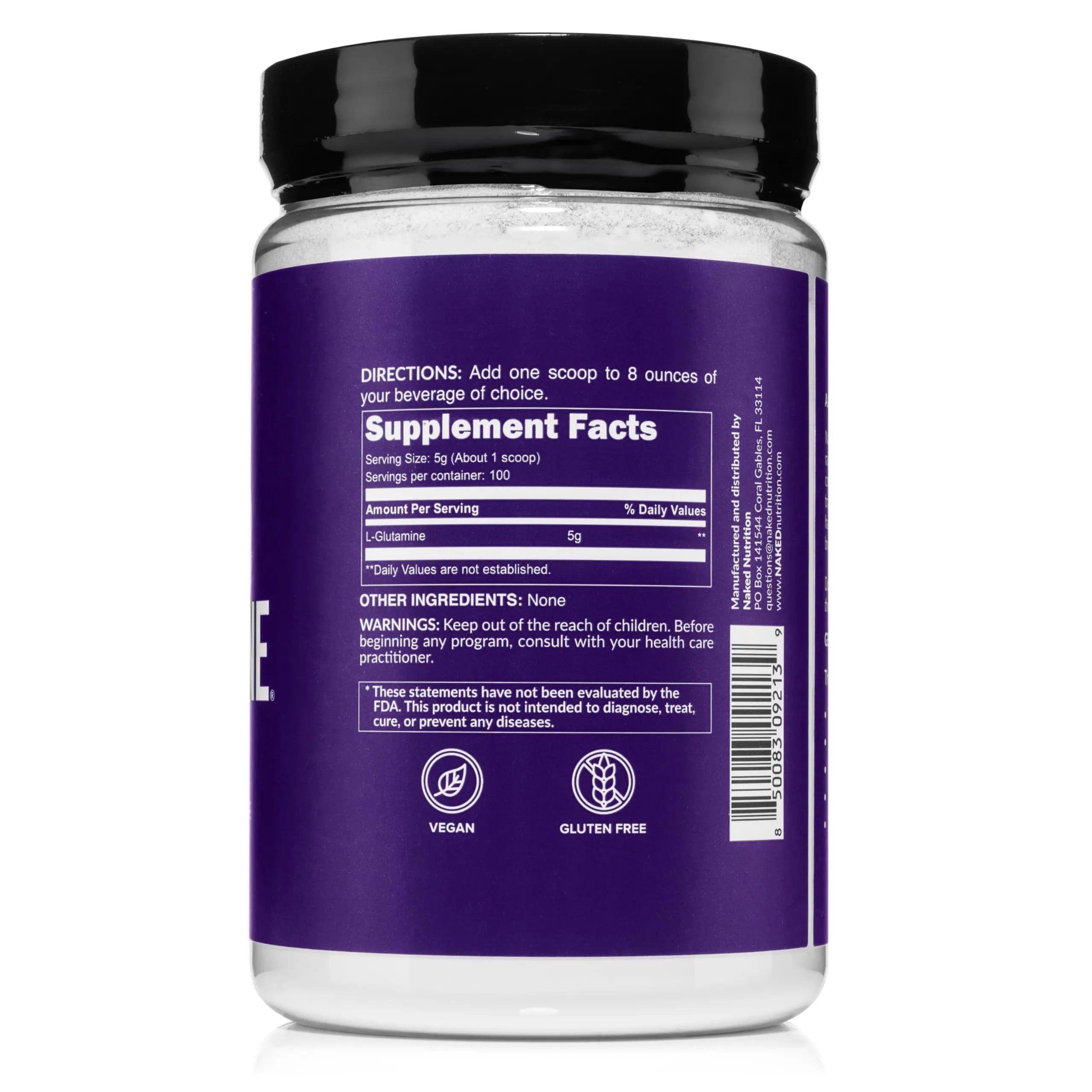 Pure L-Glutamine Made in The USA - 100 Servings - 500g, 1.1lb Bulk, Vegan, Non-GMO, Gluten and Soy Free. Minimize Muscle Breakdown & Improve Protein Synthesis. No Additives NAKED uk supplements
