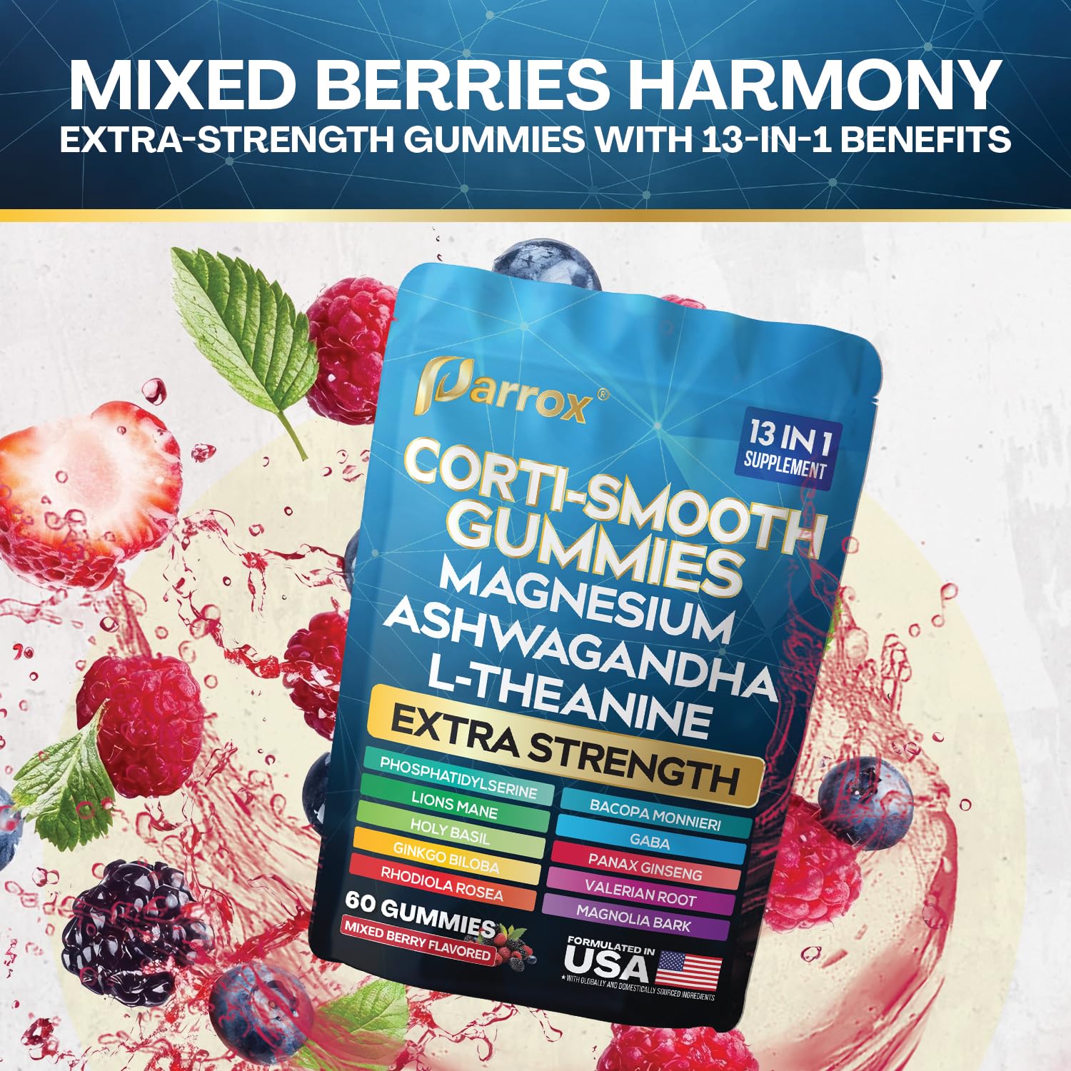 Parrox Corti-Smooth Cortisol Support Gummies with Magnesium, L-Theanine, Ashwagandha, Phosphatidylserine, Bacopa Monnieri, Lions Mane, Ginkgo Biloba, Valerian Root (60 Gummies - Mixed Berry Flavor) Parrox uk supplements