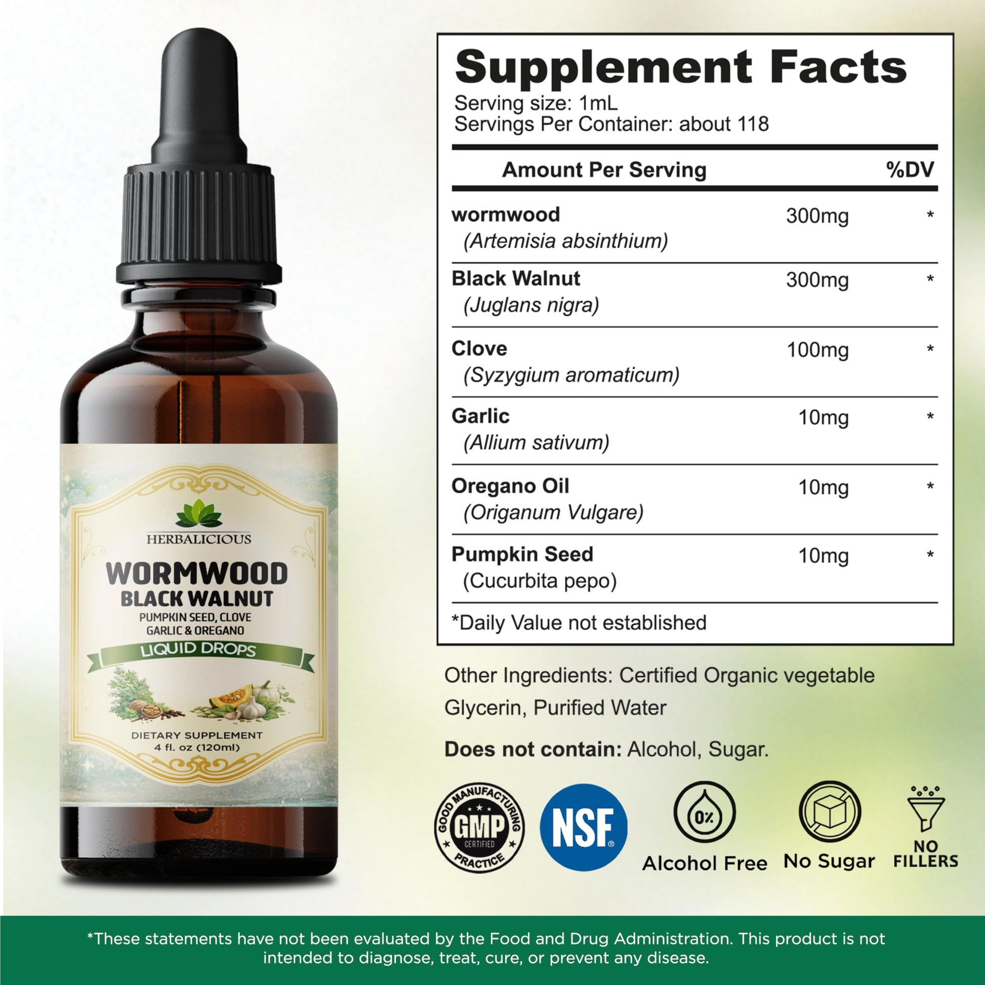 HEBRALICIOUS Wormwood Black Walnut Liquid Drops – Herbal Blend with Pumpkin Seed, Clove, Garlic & Oregano Oil – Alcohol Free Herbal Tincture – Liquid Dietary Supplement, 4 fl oz (120ml) HERBALICIOUS uk supplements