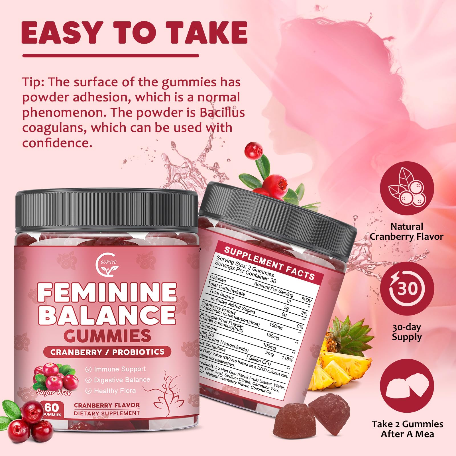 GORNVB Premium Feminine Balance Gummies for Women, Support pH Balance & Vaginal Probiotics Health Gummies with Cranberry Pineapple Powder, D-Mannose, Sugar Free, Gluten Free, Vegan GORNVB uk supplements