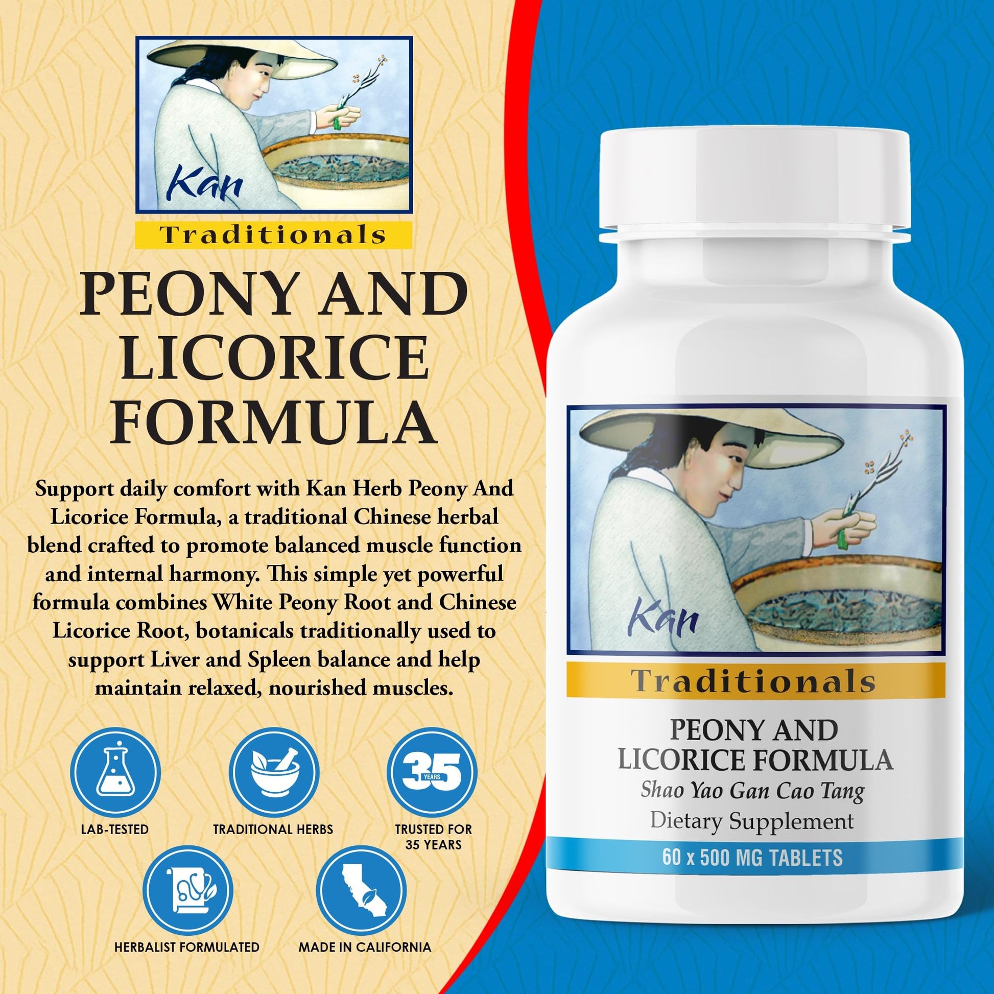 Kan Herbs Company Peony & Licorice Formula Tablets – Traditional Chinese Herbal Blend with White Peony Root & Chinese Licorice to Support Liver Balance, Muscle Comfort & Digestive Harmony, 60 Tablets Kan Herb uk supplements