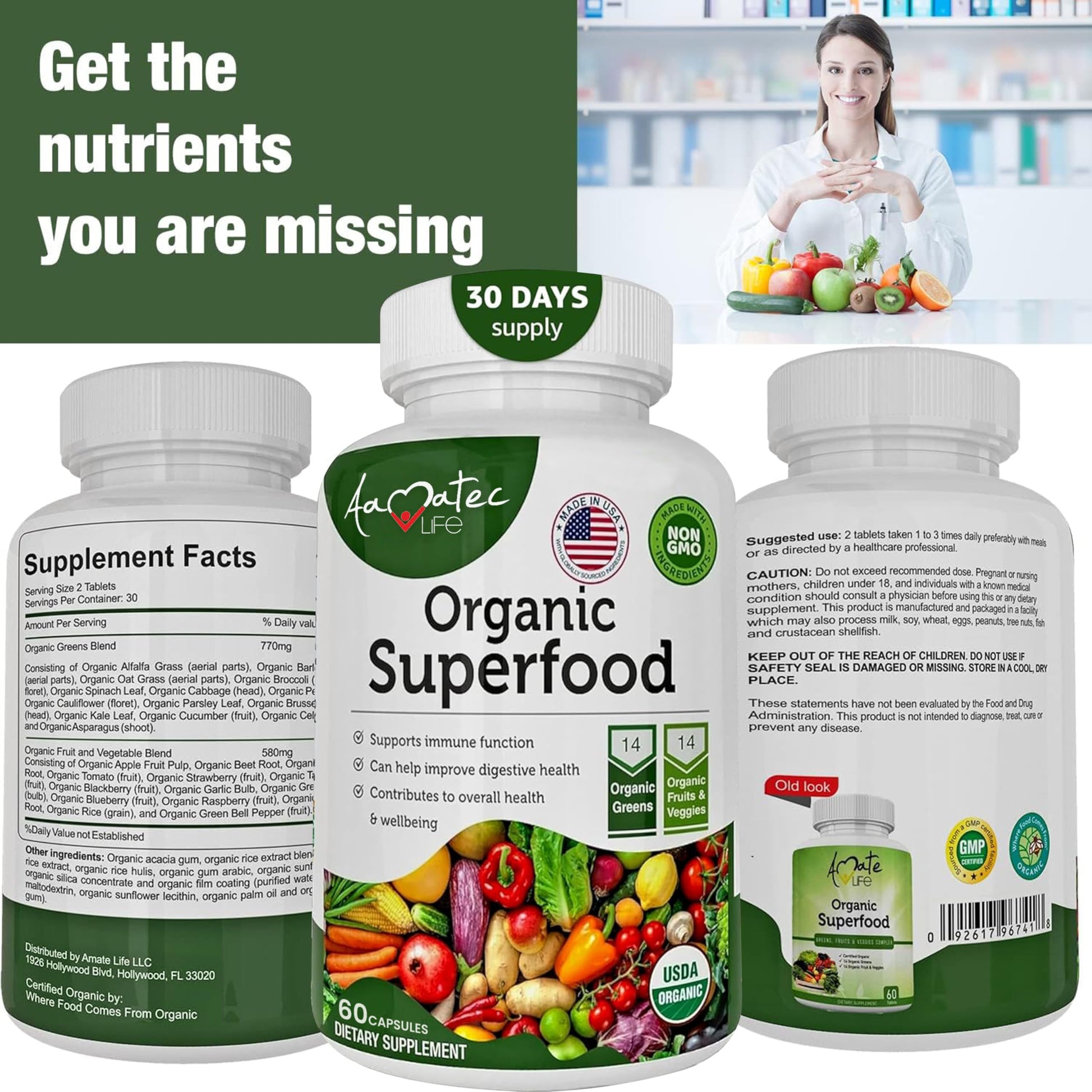 AAMATEC LIFE Organic Superfood Greens Fruits and Veggies Complex - Dietary Supplement with 14 Greens &14 Vegetables with Alfalfa Rich in Antioxidants Organic Ingredients Non-GMO (120 Count Pack of 2) AAMATEC LIFE uk supplements
