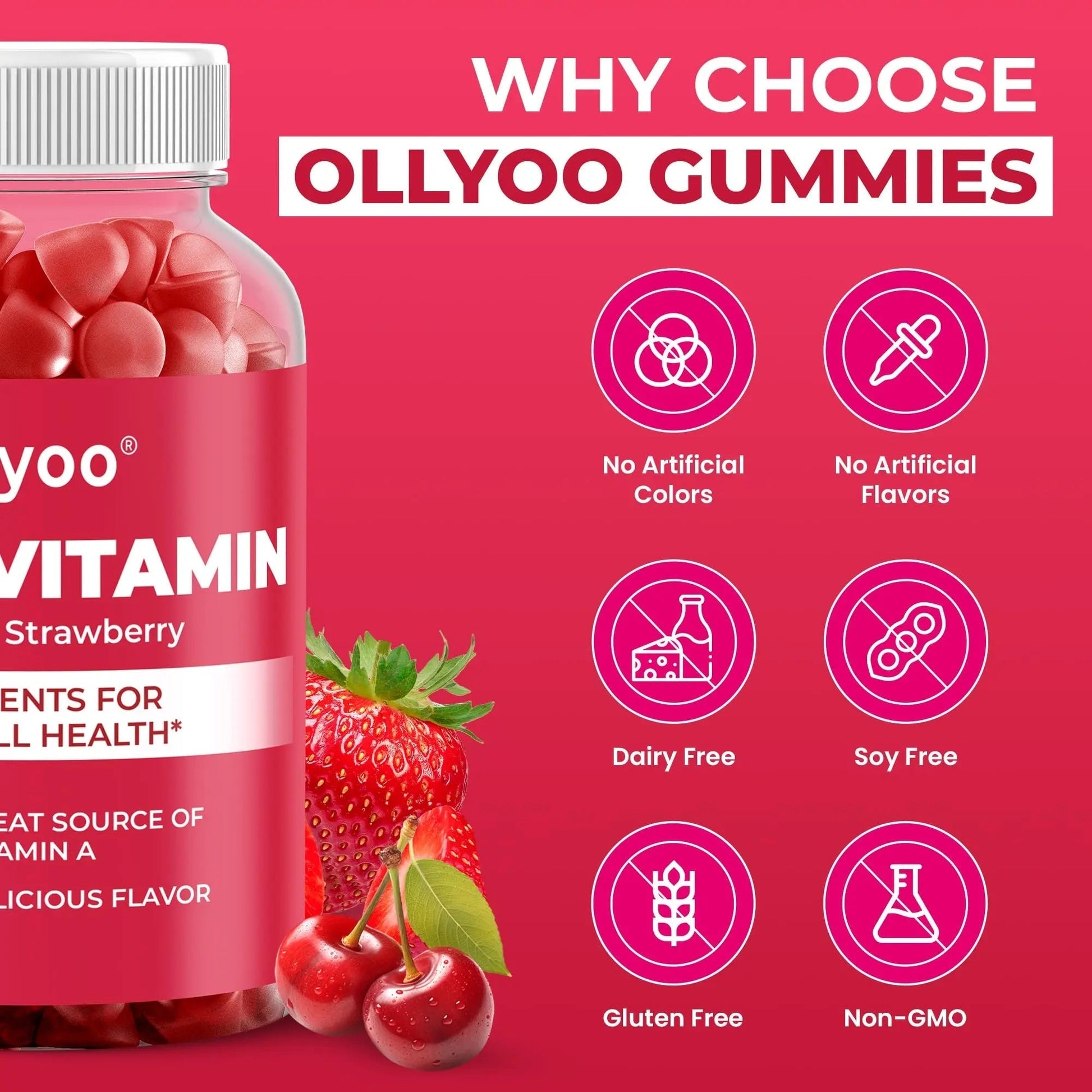 Ollyoo Multivitamin Gummies for Adults | Cherry & Strawberry Flavor | Great Source of Vitamin A & Essential Nutrients | Ollyoo uk supplements