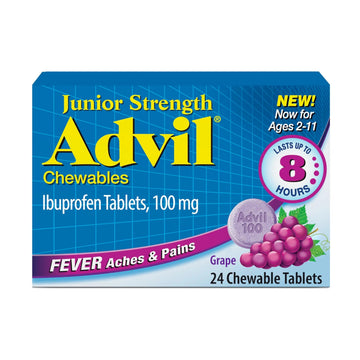 Advil Junior Strength Chewable Ibuprofen Pain Reliever and Fever Reducer, Children's Ibuprofen for Pain Relief, Grape - 24 Tablets Advil uk supplements