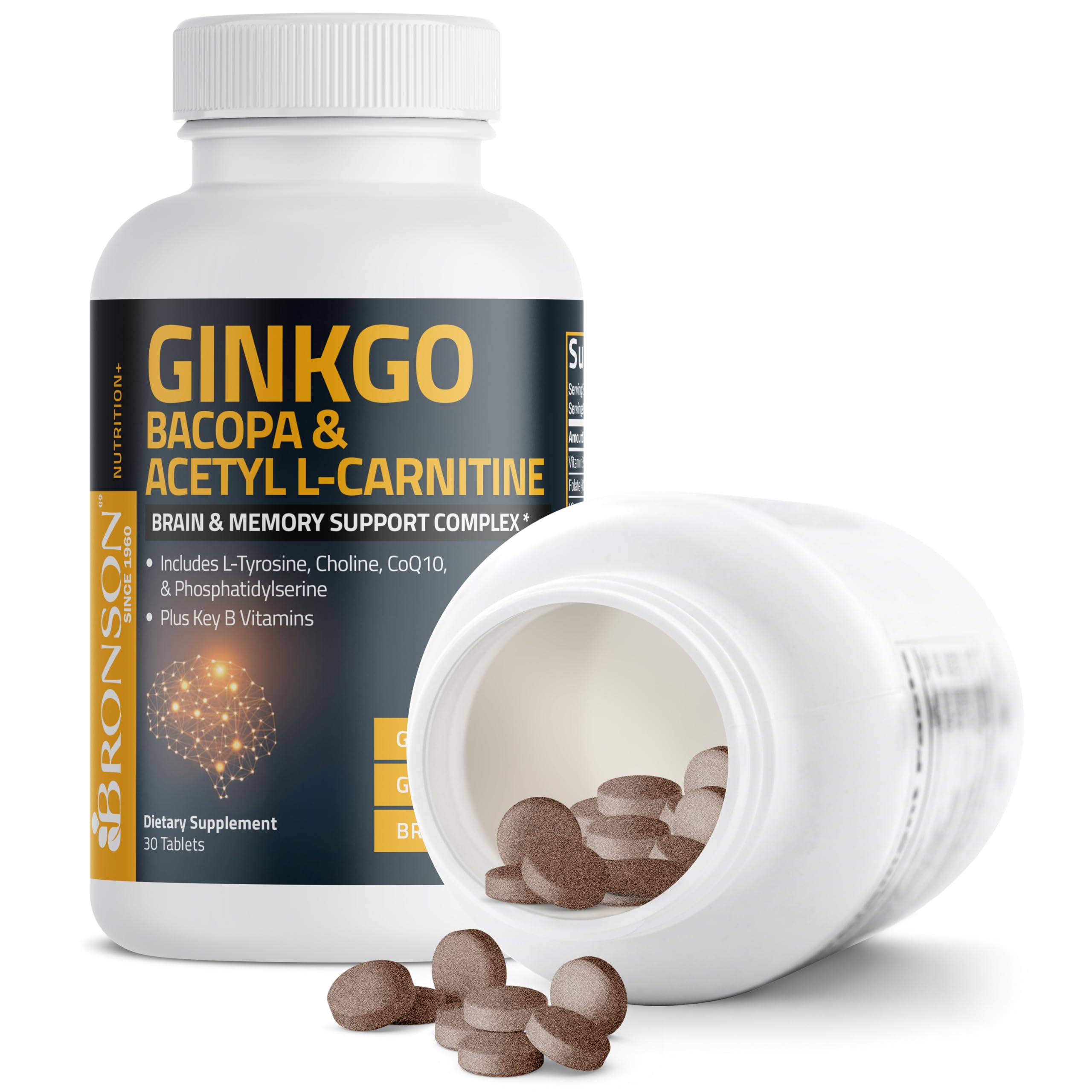 Bronson Ginkgo, Bacopa & Acetyl L-Carnitine Brain & Memory Support Complex with L-Tyrosine, Choline, CoQ10 & Phosphatidylserine Plus Key B Vitamins Non-GMO, 30 Tablets Bronson uk supplements