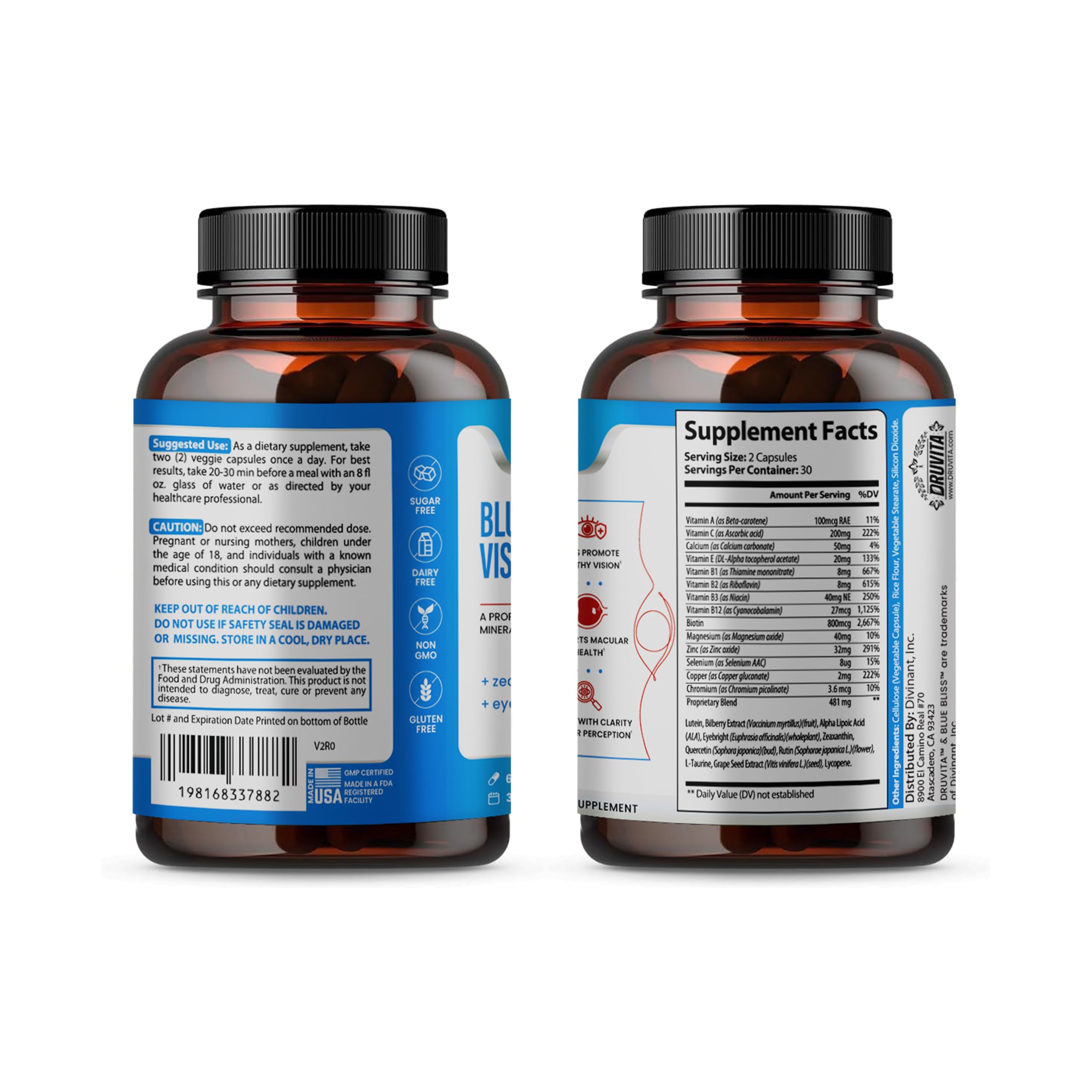 Blue Bliss Vision Support - Eye Vitamins with Lutein, Biotin, Bilberry and Zeaxanthin - Vitamin Supplement for Vision Health and Preservation for Adults Seniors 60 Veggie Capsules 30 Day Supply Druvita uk supplements