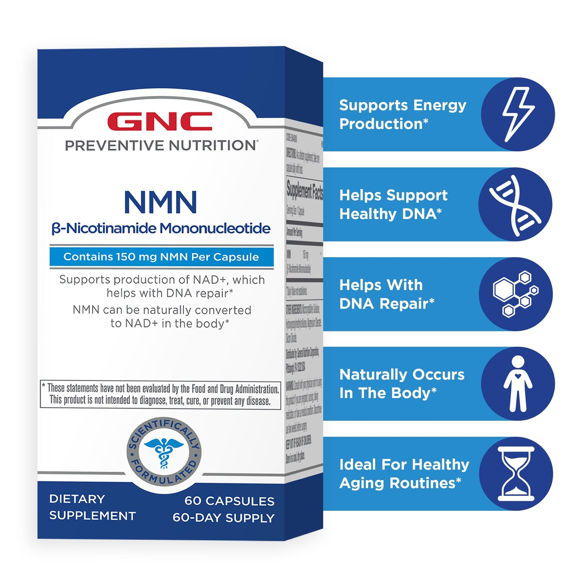 GNC Preventive Nutrition NMN, 150 mg, NAD+ Booster Supplement for Cellular Energy & DNA Repair, Anti-Aging Support, 60 Capsules, Gluten Free, 60 svg GNC uk supplements