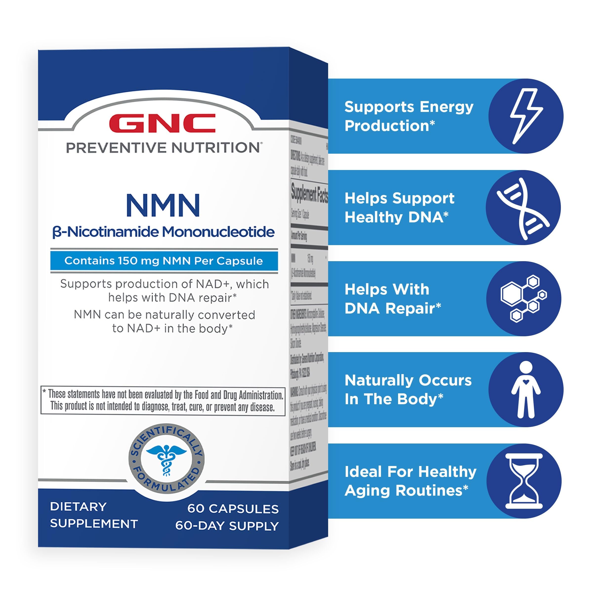 GNC Preventive Nutrition NMN, 150 mg, NAD+ Booster Supplement for Cellular Energy & DNA Repair, Anti-Aging Support, 60 Capsules, Gluten Free, 60 svg GNC uk supplements