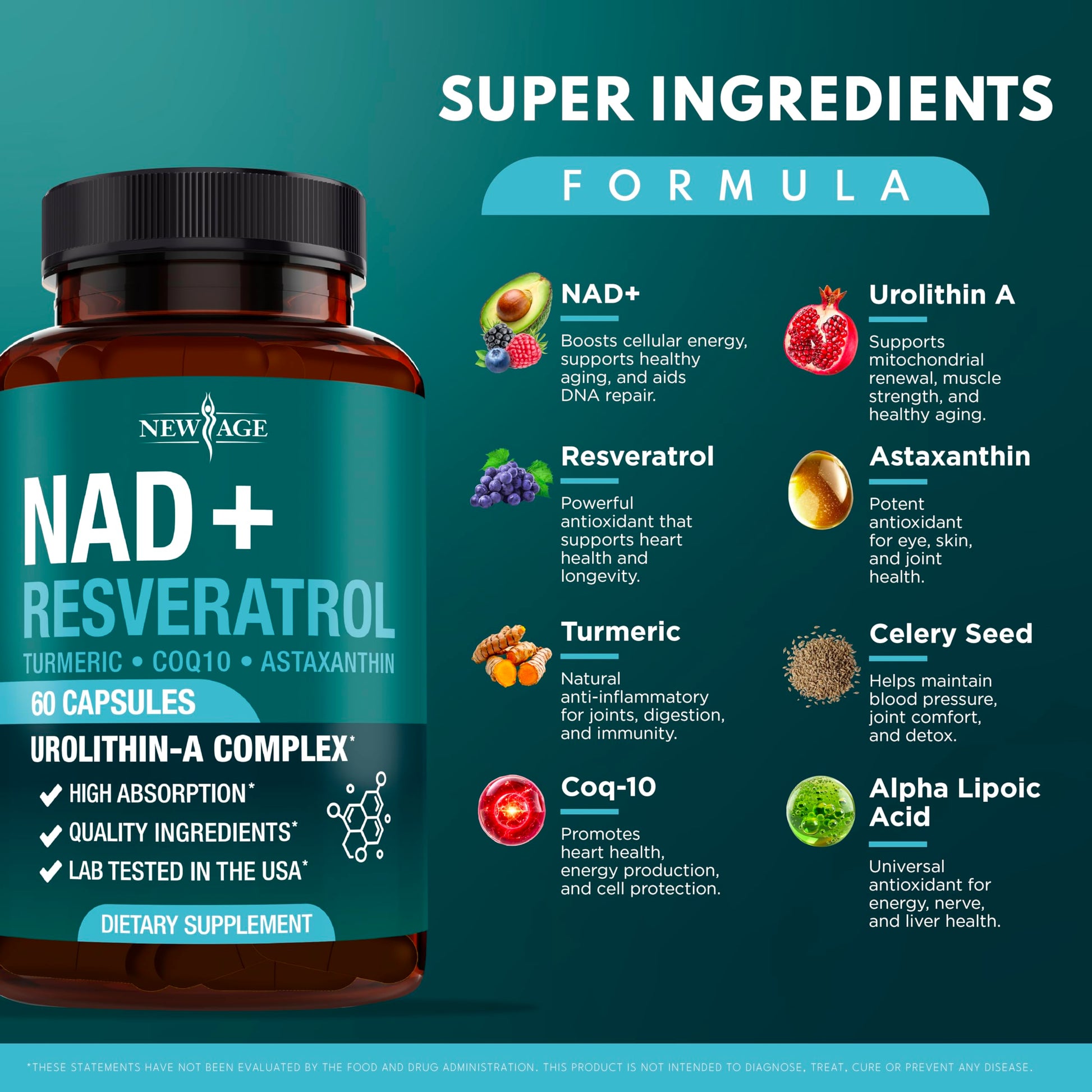 NEW AGE NAD+ Supplement Complex – NAD+ 300 mg with Astaxanthin, Urolithin A, Resveratrol, CoQ10 & Antioxidant Blend – Cellular Energy, Support or Women & Men – Vegan, Non-GMO- 120 Count NEW AGE uk supplements