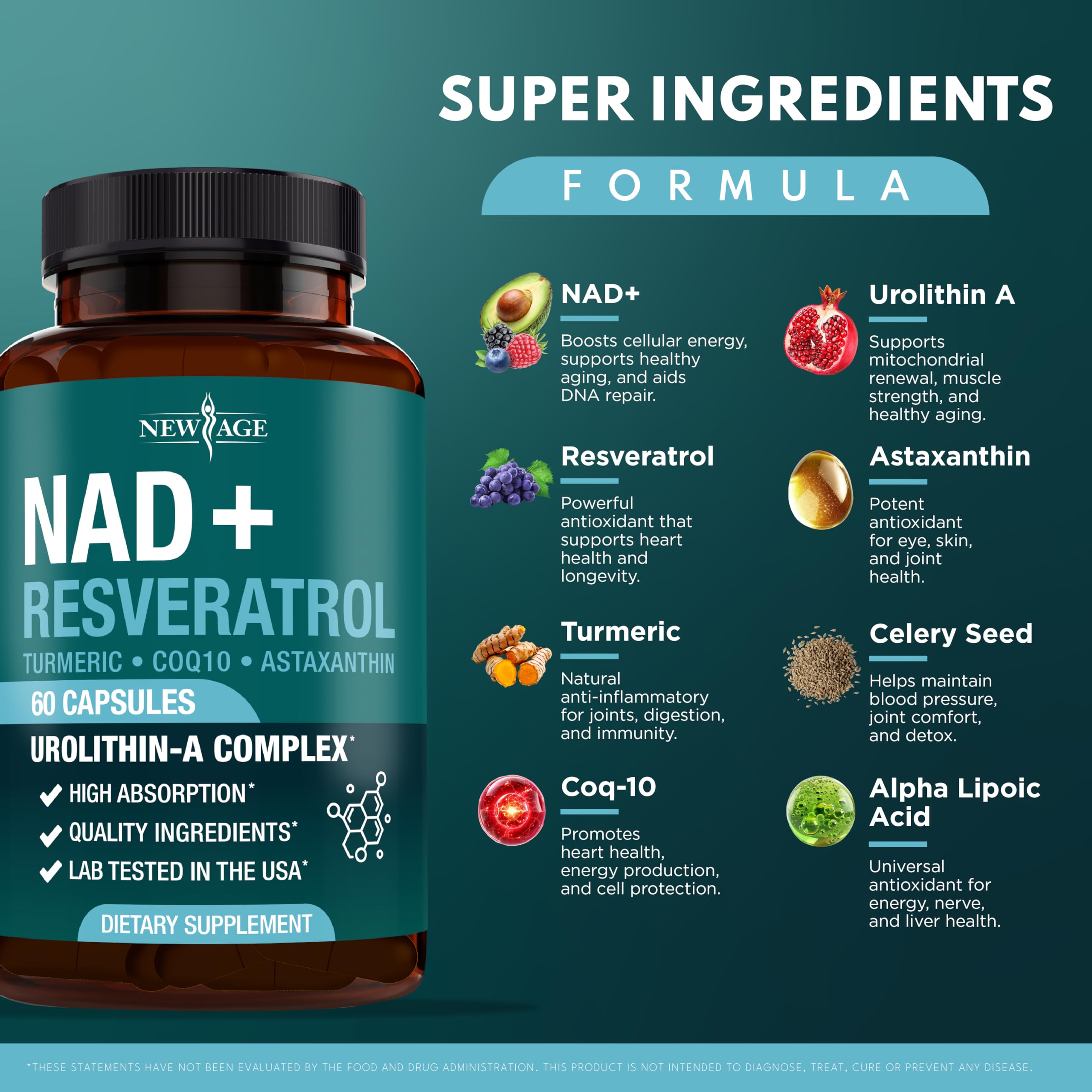 NEW AGE NAD+ Supplement Complex – NAD+ 300 mg with Astaxanthin, Urolithin A, Resveratrol, CoQ10 & Antioxidant Blend – Cellular Energy, Support or Women & Men – Vegan, Non-GMO- 120 Count NEW AGE uk supplements