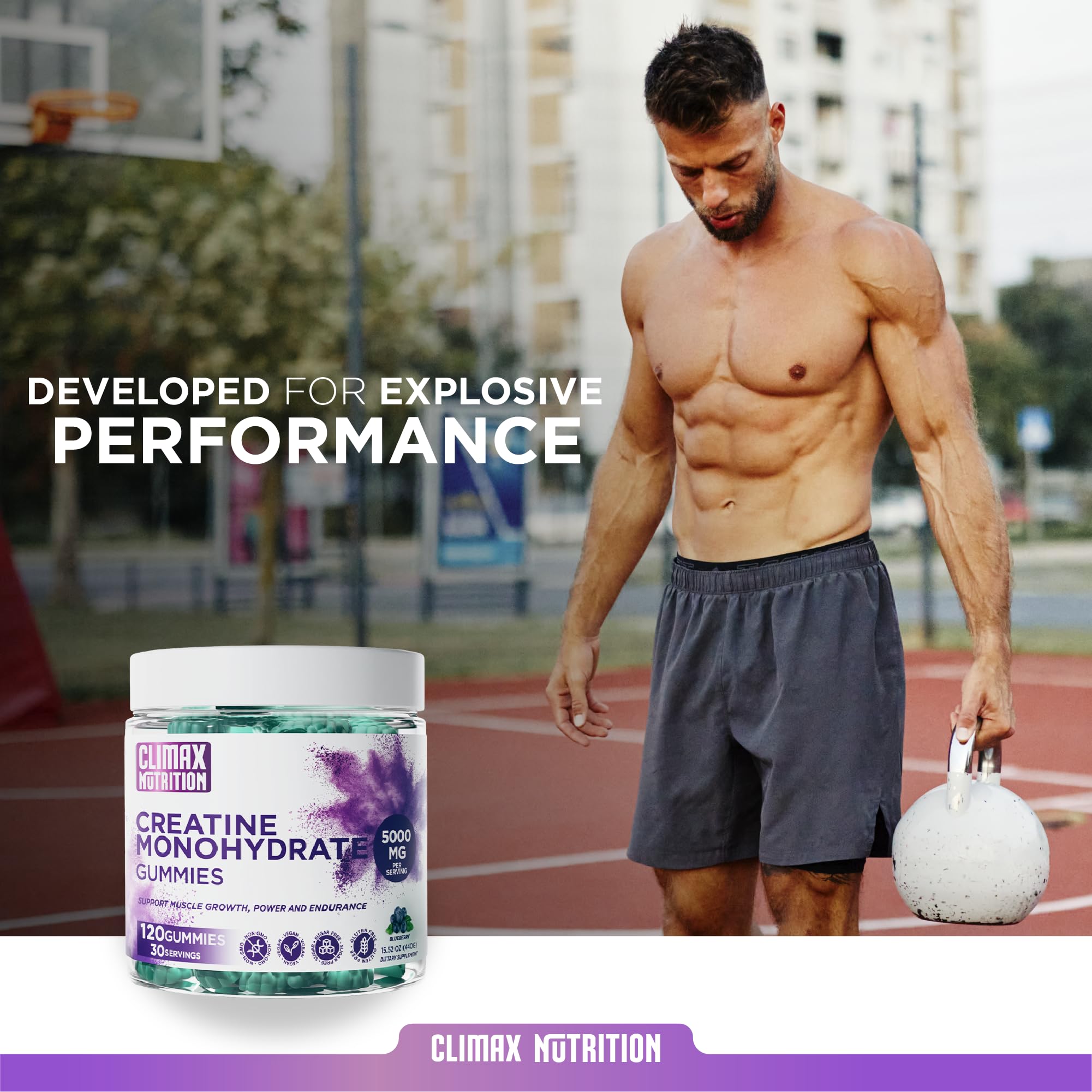 Creatine Monohydrate Gummies - Vegan, Sugar-Free, Gluten-Free - Boosts Muscle Recovery, Strength & Lean Muscle Growth - Brain Health Support - for Men & Women - Blueberry Flavor - 120 Gummies CLIMAX NUTRITION uk supplements