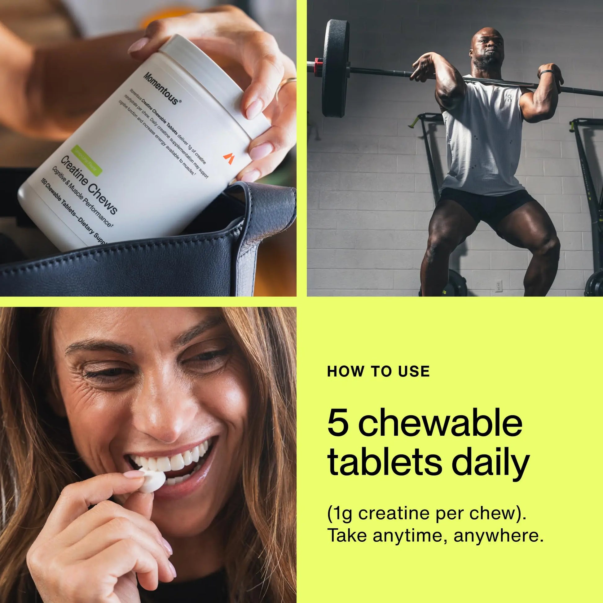 Momentous Creatine Chews - Creatine Monohydrate - Supports Strength, Lean Muscle, & Recovery for Men & Women - NSF Certified for Sport - 150 Chewable Tablets - Lemon Lime Momentous uk supplements