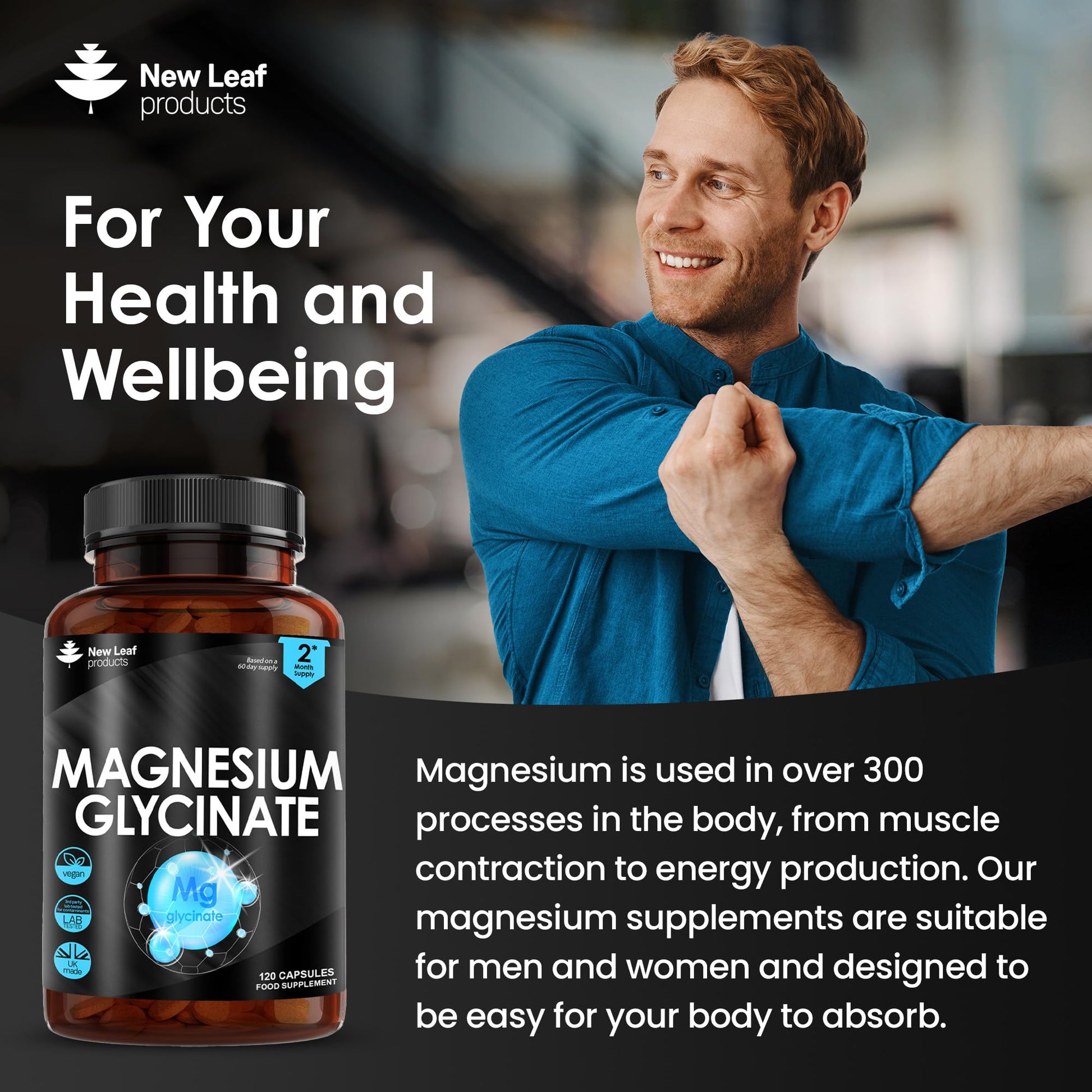 Magnesium Glycinate Supplements - 1040mg of Magnesium - 120 High Strength Capsules NEW LEAF PRODUCTS uk supplements