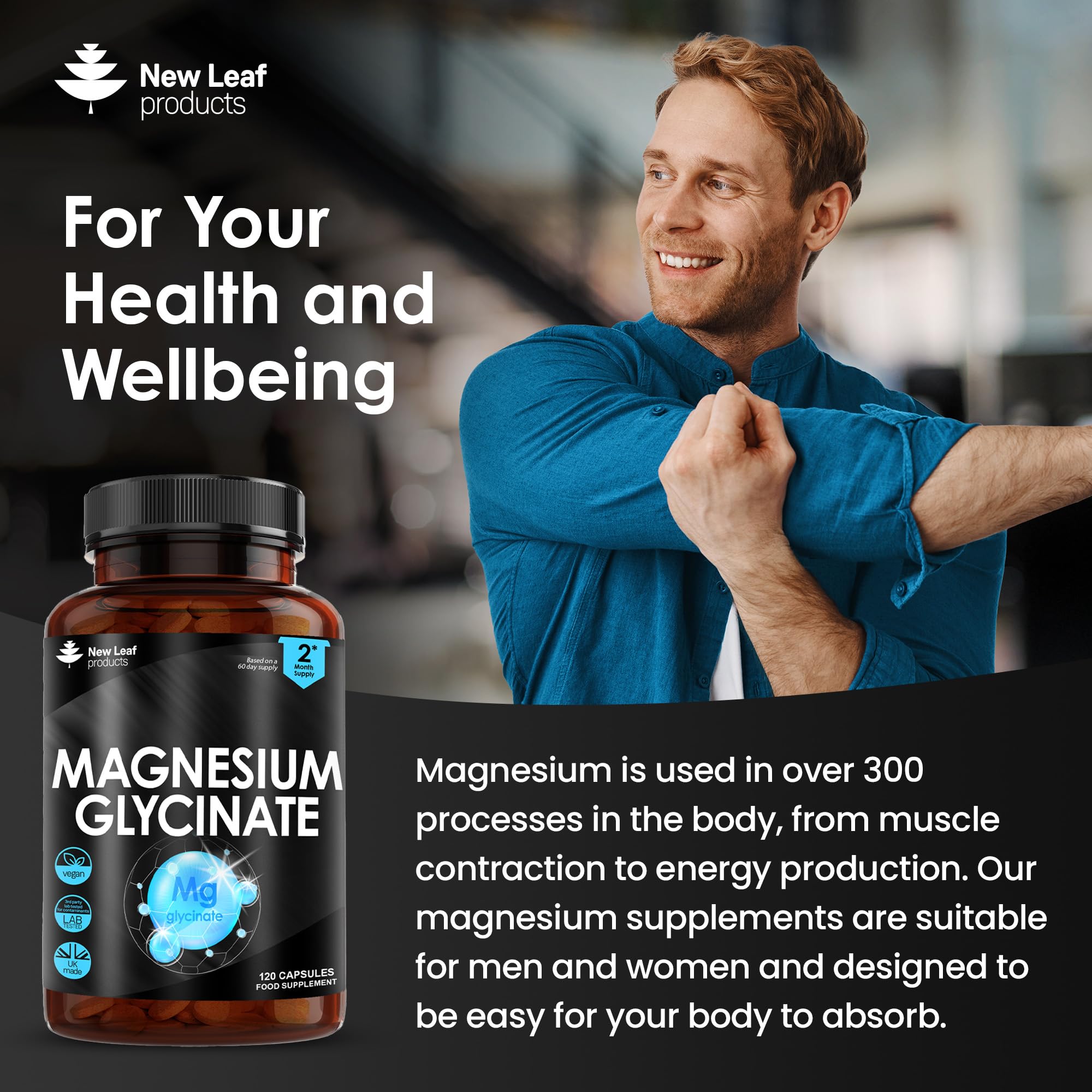 Magnesium Glycinate Supplements - 1040mg of Magnesium - 120 High Strength Capsules NEW LEAF PRODUCTS uk supplements