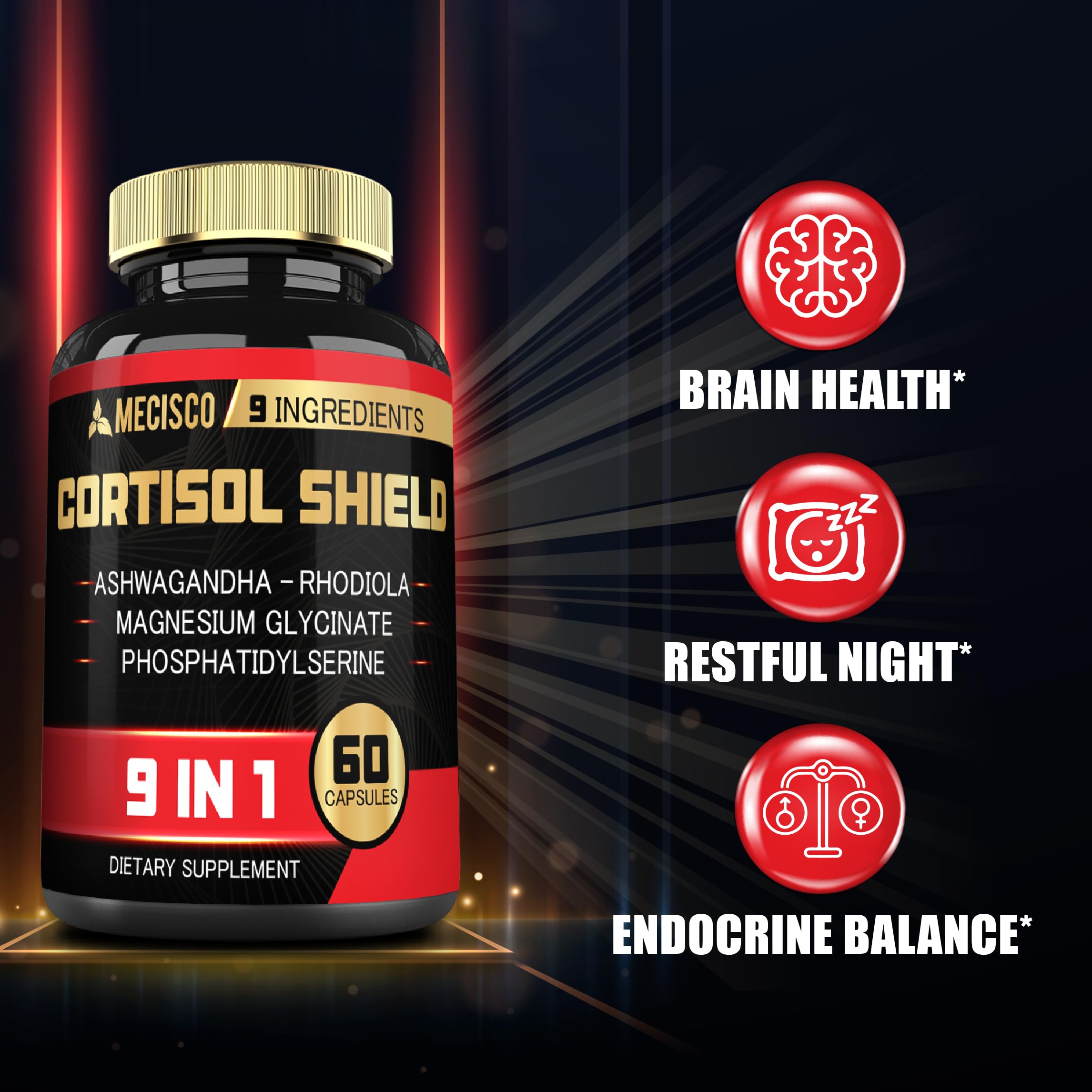 9in1 Cortisol Shield - Ashwagandha & Magnesium Glycinate, Rhodiola, Phosphatidylserine, L-Theanine, Licorice Root, St. John's Wort, Lions Mane - Mind & Mood, Restful Night Support - 60 Capsules Mecisco uk supplements