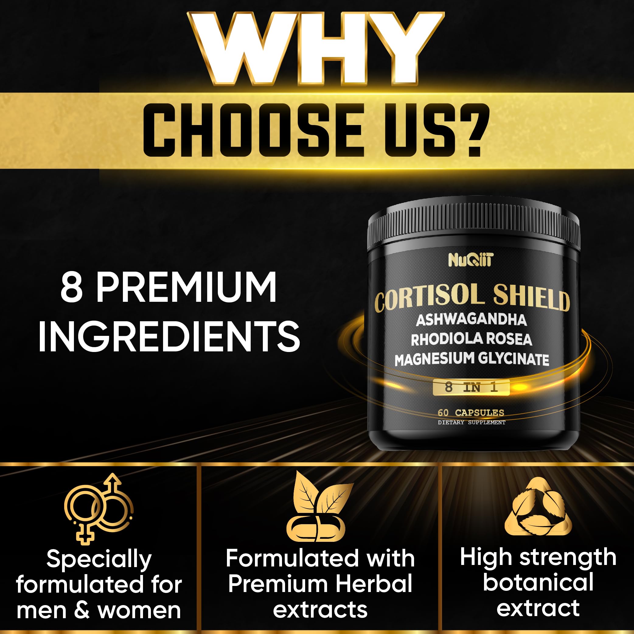 8in1 Cortisol Shield - Ashwagandha and Magnesium, Rhodiola Rosea, Lions Mane, Sea Moss, Turmeric, St Jonh's Wort - Mind& Mood Balance, Rest Well, Support Immume - 60 Capsules NUQIIT uk supplements
