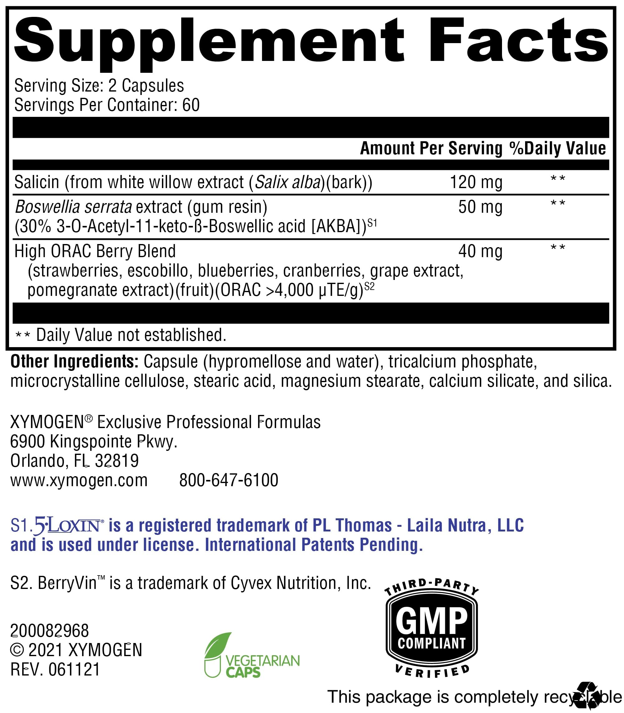 XYMOGEN Saloxicin - Antioxidant Support Supplement - Grape Seed Extract, Pomegranate Fruit & Cranberry Supplement - White Willow Bark & Boswellia Extract - 120 Capsules XYMOGEN uk supplements