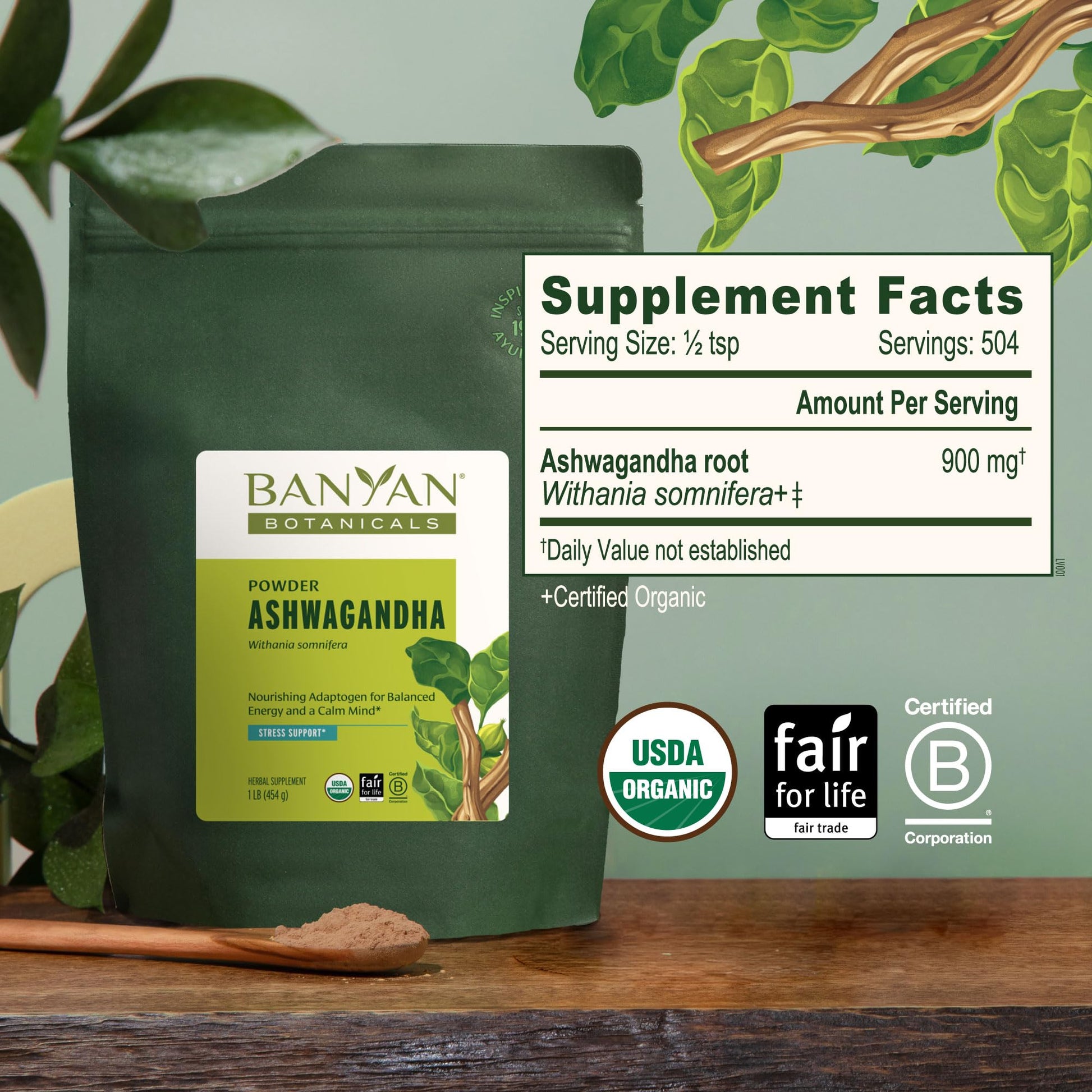 Banyan Botanicals Organic Ashwagandha Root Powder–1lb Bulk (504 Servings)Natural Cortisol Manager & Adrenal Support–Stress Relief, Better Sleep & Energy–Adaptogen for Smoothies & Moon Milk–Vegan,FFL* Banyan Botanicals uk supplements