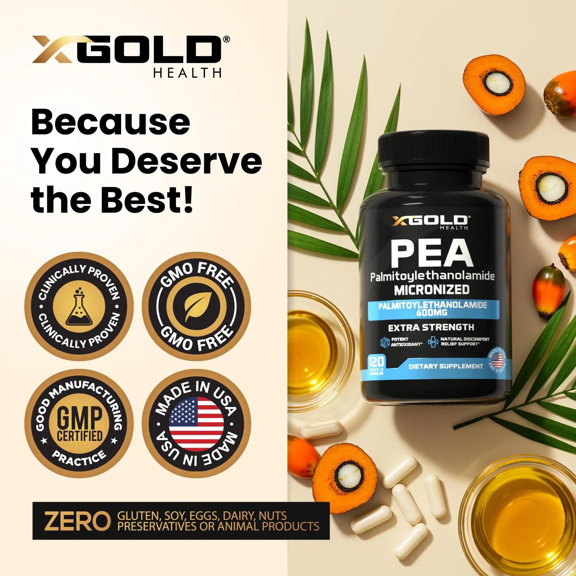 Palmitoylethanolamide Pea Supplement 600 mg | Micronized Pea 99% Highly Purified and Bioavailable | Made in USA | Supplement for Men and Women - 120 Capsules X Gold Health uk supplements