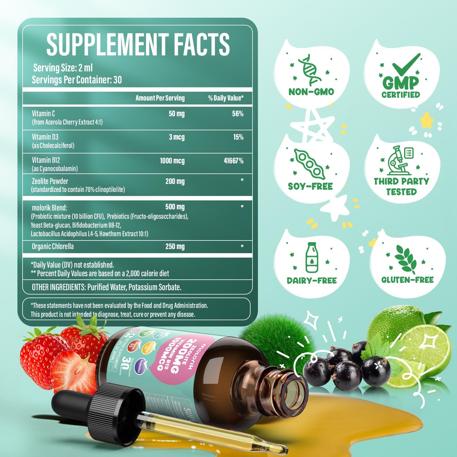 Zeolite Detox for Kids and Adults, 200mg Zeolite Liquid Drops with 1000mcg Vitamin B12, Organic Chlorella, 10 billion CFU & Prebiotics for Gut Support & Speech, Immune, Bone, Energy*, Strawberry, 60ML molorik pure uk supplements
