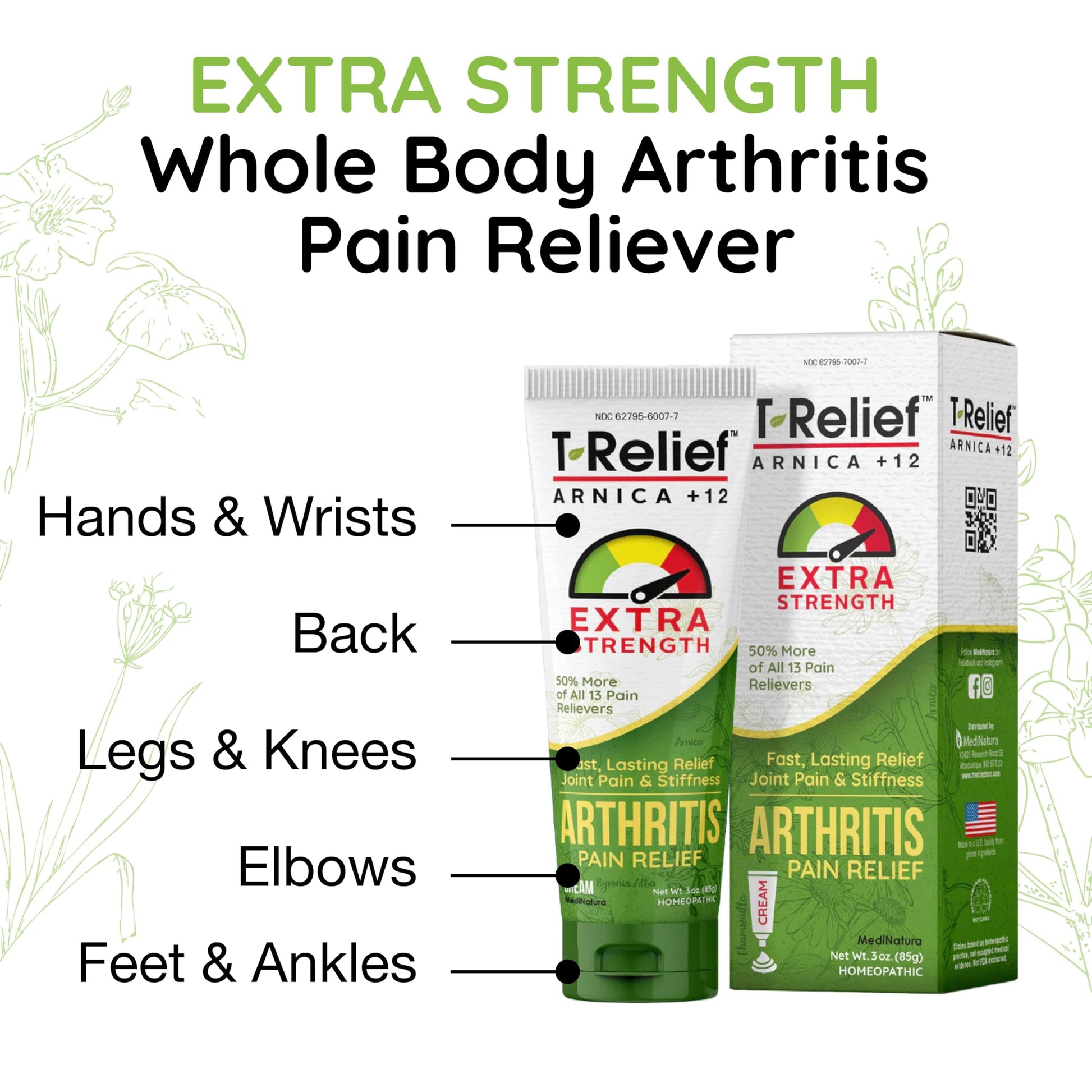 T-Relief Extra Strength Arthritis Cream Arnica +12 Pain Relieving Natural Medicines Help Soothe Soreness Stiffness Aches & Pains in Joints Naturally - 3 oz MediNatura uk supplements