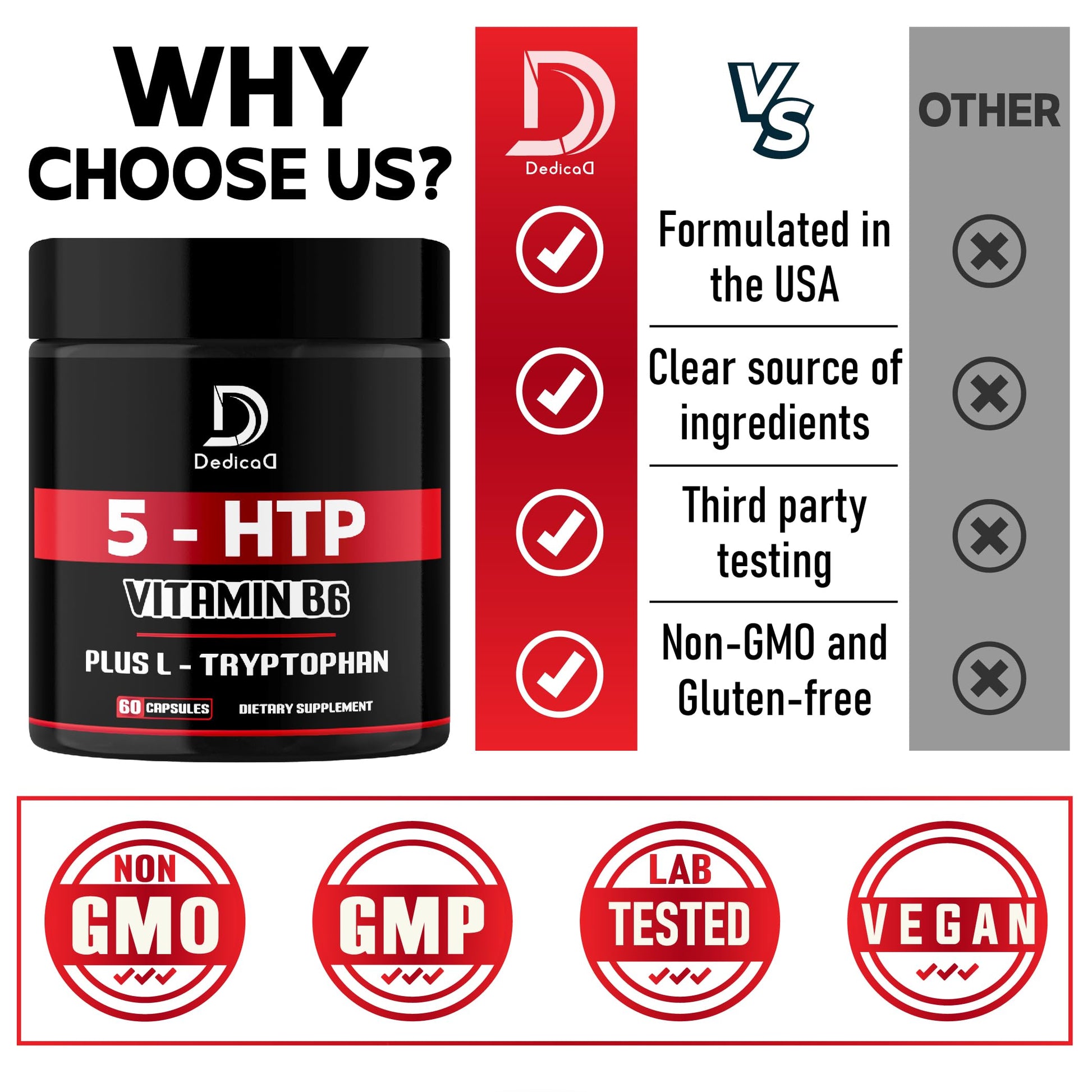 DEDICAD 5 HTP Supplement 1010mg - 60 Capsules - 3in1 Combined with Vitamin B6, L-Tryptophan - Comfortable Mood, Brain Health, Body Management & Immune System Support DEDICAD uk supplements