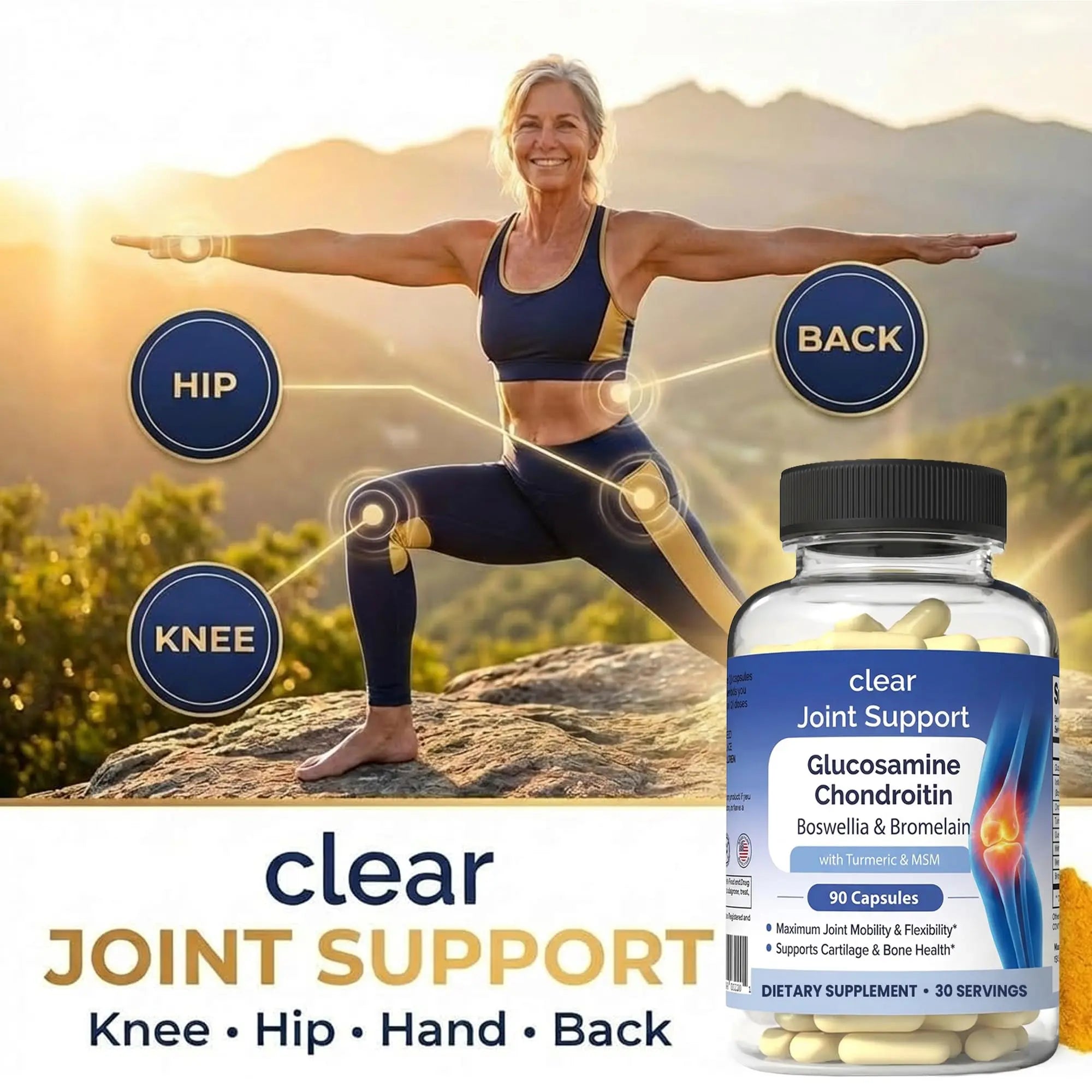 Clear Joint Support - 3-Month Supply | 3-Pack (270 Capsules) | Glucosamine Chondroitin MSM, Turmeric & Boswellia | Supports Knee, Hip & Back Health | Made in USA Clear Probiotics uk supplements