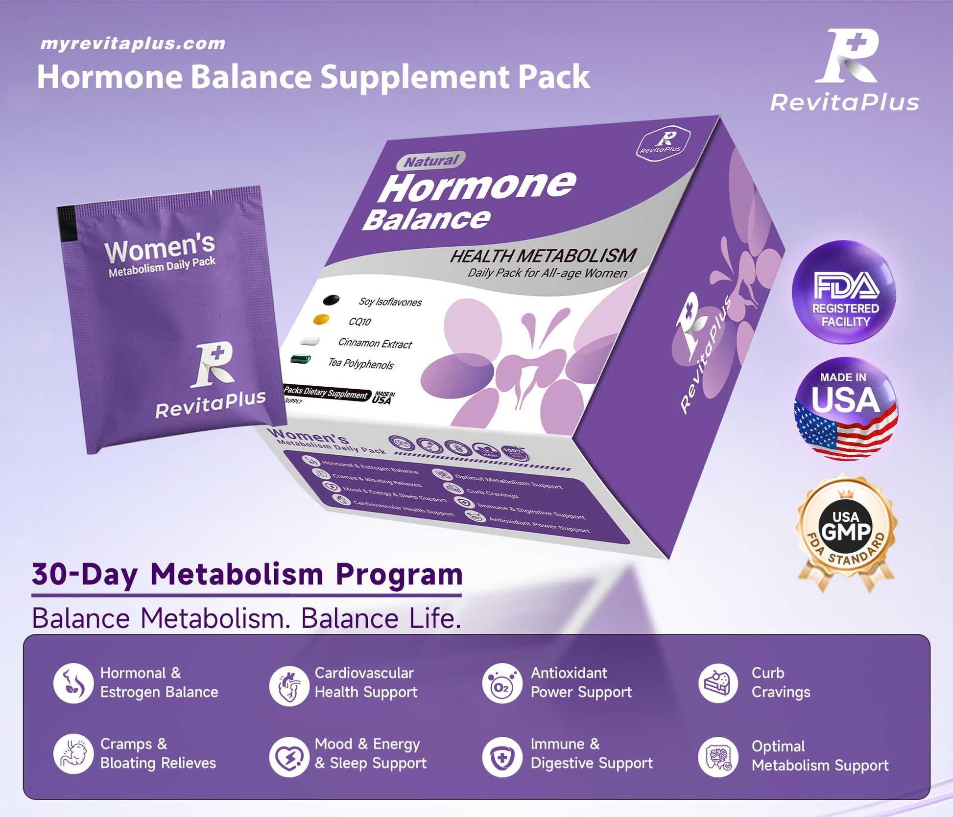 Natural Hormone Balance for Women, Menopause Supplements for Women with Evening Primrose Oil,CoQ10,Soy Isoflavones, Daily Pack Supports Peri+Menopause+Post, PMS,Metabolism,Mood,Energy 30Packs RevitaPlus uk supplements