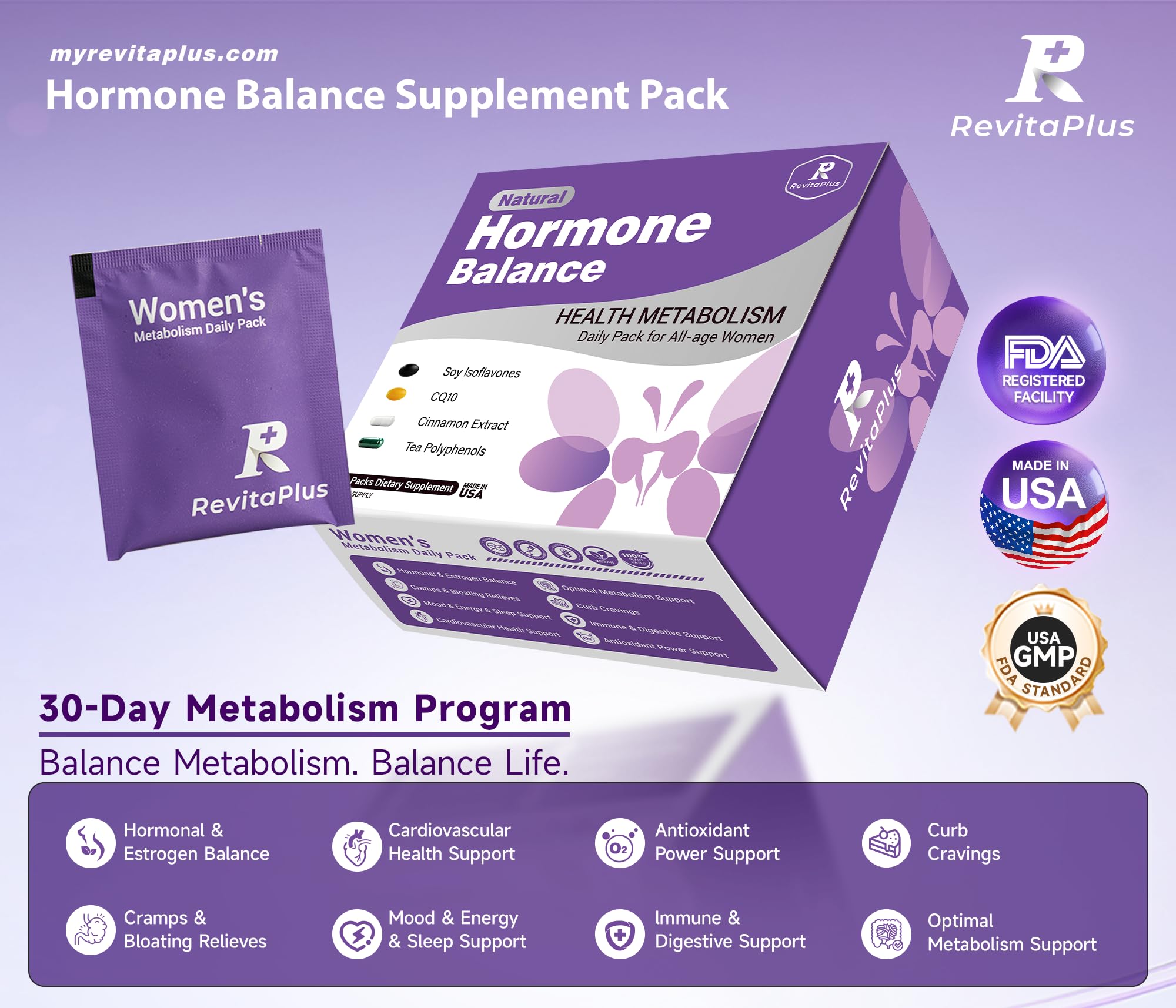 Natural Hormone Balance for Women, Menopause Supplements for Women with Evening Primrose Oil,CoQ10,Soy Isoflavones, Daily Pack Supports Peri+Menopause+Post, PMS,Metabolism,Mood,Energy 30Packs RevitaPlus uk supplements