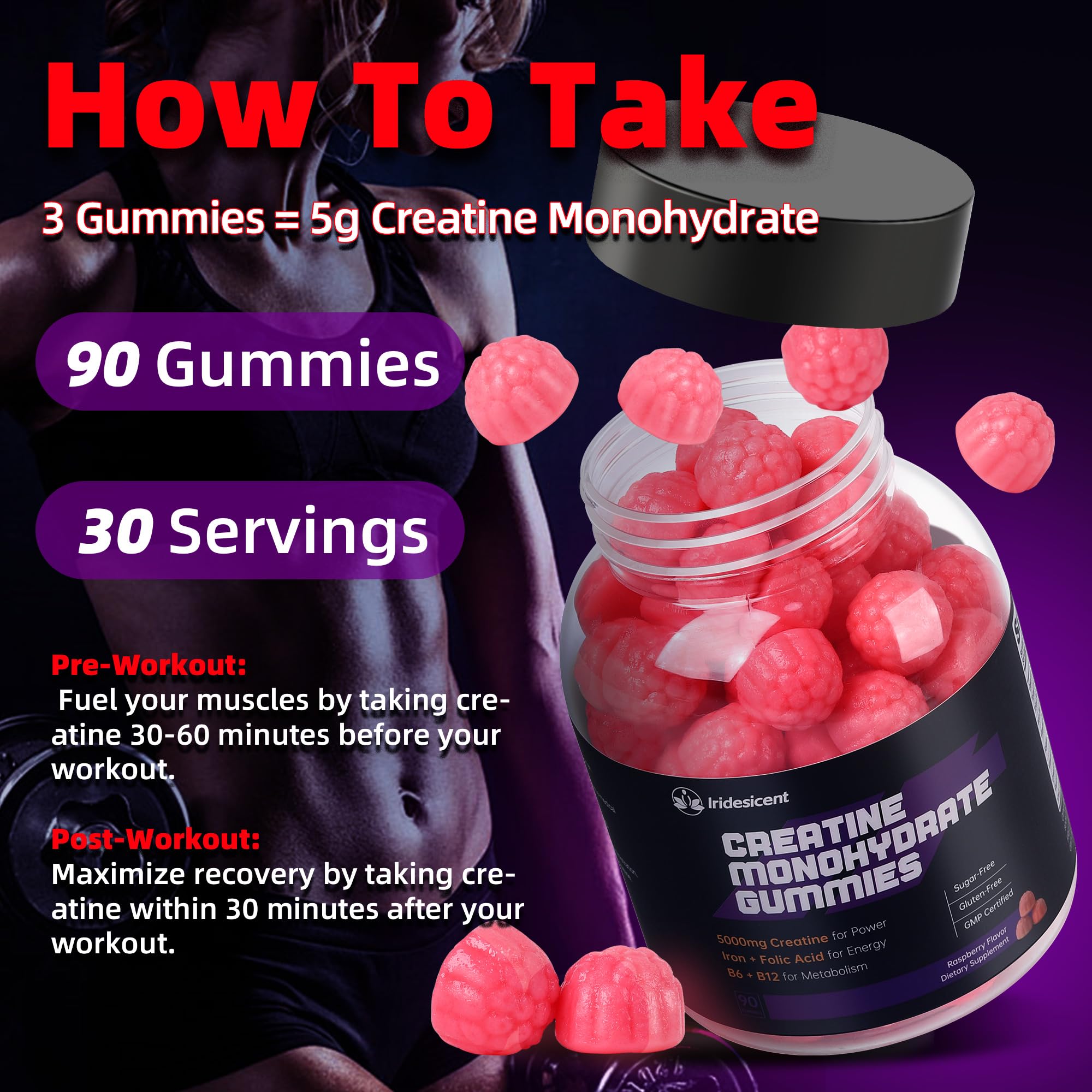 IRIDESICENT Creatine Monohydrate Gummies 5000mg w/Iron, Vitamin B6 & B12, Sugar Free 5g Creatine Supplements for Women and Men Boost Energy & Muscle Recovery - 90 Raspberry Gummies IRIDESICENT uk supplements