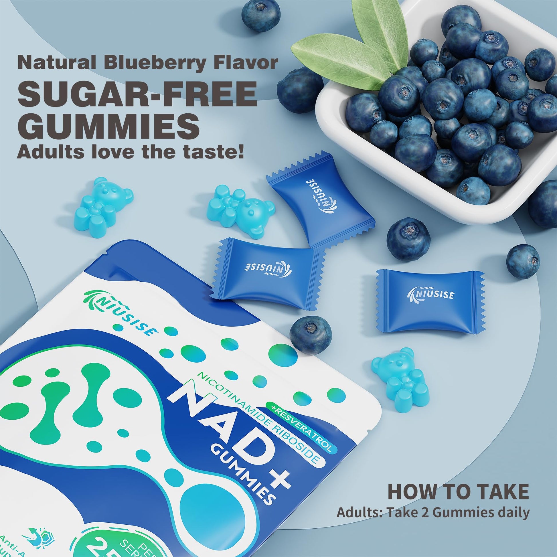 NIUSISE NAD Gummies Sugar Free, NAD+ Supplement with Liposomal Nicotinamide Riboside, Resveratrol, Quercetin, NAD Supplement for Anti-Aging, Energy, Cellular Health, Blueberry Flavor, 60 Gummies NIUSISE uk supplements