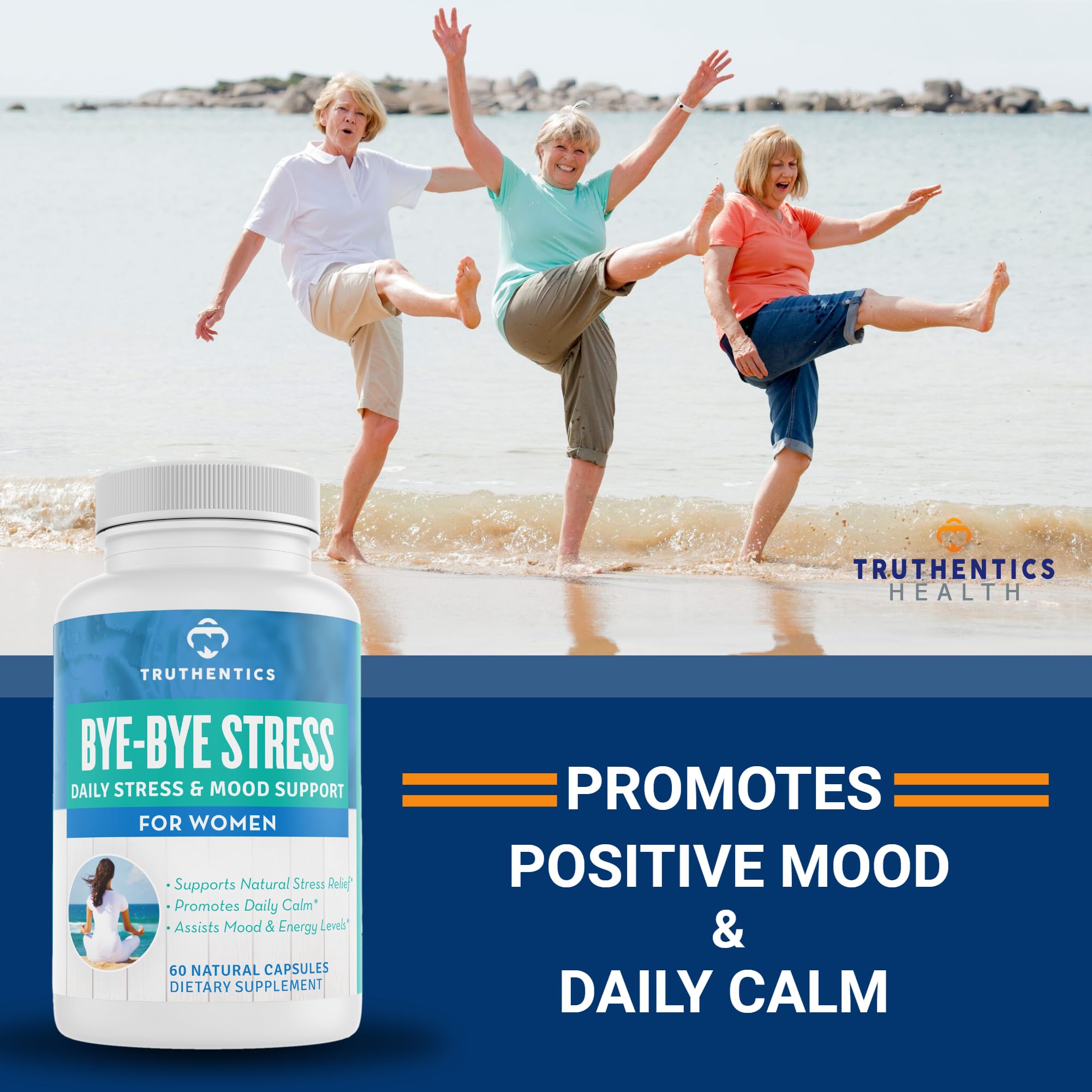 TRUTHENTICS Bye-Bye Stress - Stress & Mood Support Supplement for Women with Ashwagandha, GABA, Lemon Balm, L-Theanin & Vitamin B Complex - Vegan - 60 Capsules TRUTHENTICS uk supplements