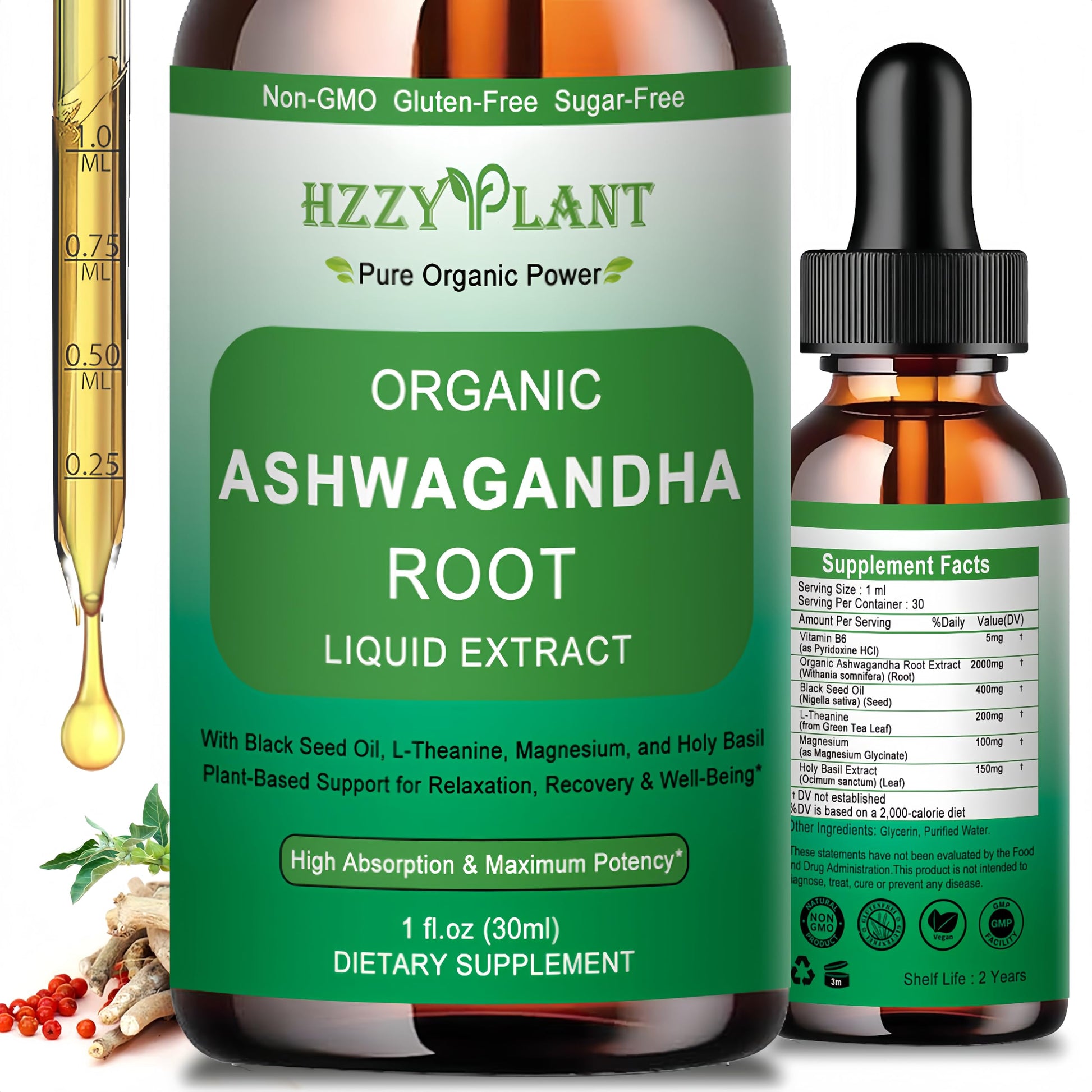 Organic Ashwagandha Drops,High Absorption Ashwagandha Extract Tincture for Stress Relief,Relaxation,Cortisol Support,Ashwagandha for Women & Men with Magnesium,L Theanine,Black Seed Oil,Vegan,Non-GMO HZZYPLANT uk supplements