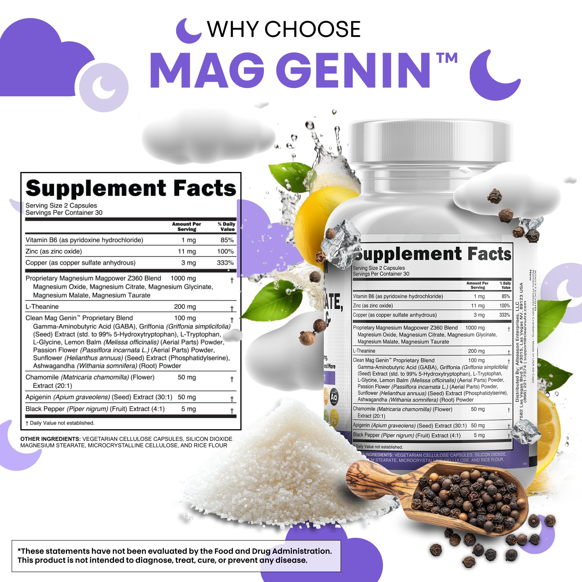 Clean Nutraceuticals Magnesium Glycinate Complex 1000mg with L-Theanine 200mg Apigenin 50mg Citrate Taurate Supplement - 5-HTP GABA Passion Flower Lemon Balm L-Glycine Phosphatidylserine - 60 Count Clean Nutraceuticals uk supplements
