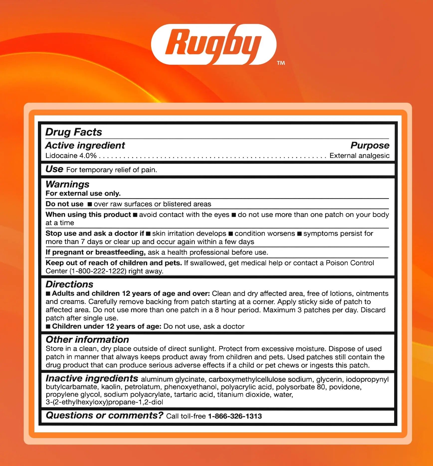 Rugby Maximum Strength 4% Lidocaine Pain Relief Patch- External Analgesic - Flexible Fabric, Fragrance-Free - Temporarily Relieves Pain - 100 Patches (10 cm x 14 cm Each) RUGBY LABORATORIES uk supplements