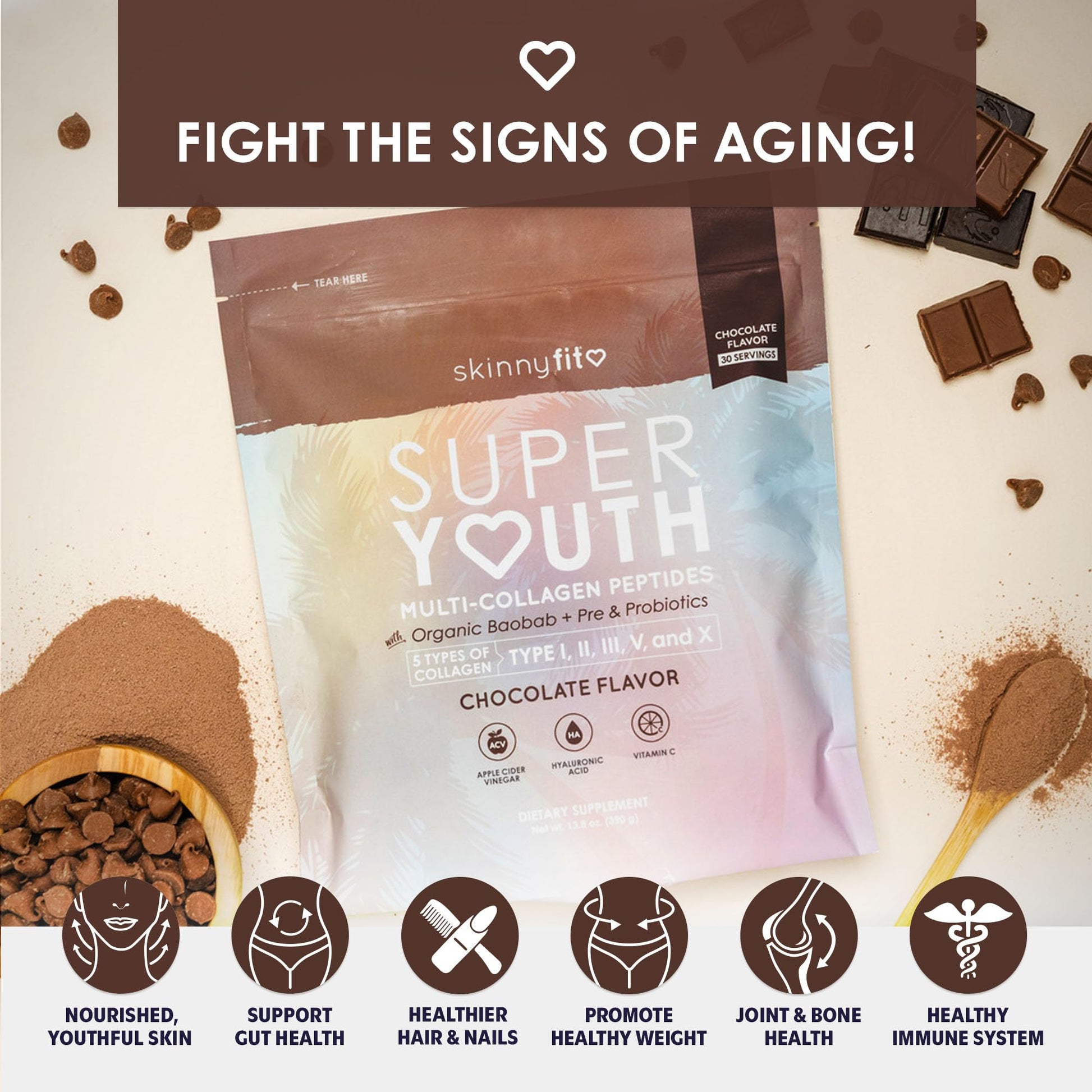 SkinnyFit Super Youth Chocolate Multi-Collagen Peptides + Probiotics, Baobab Fiber SkinnyFit uk supplements