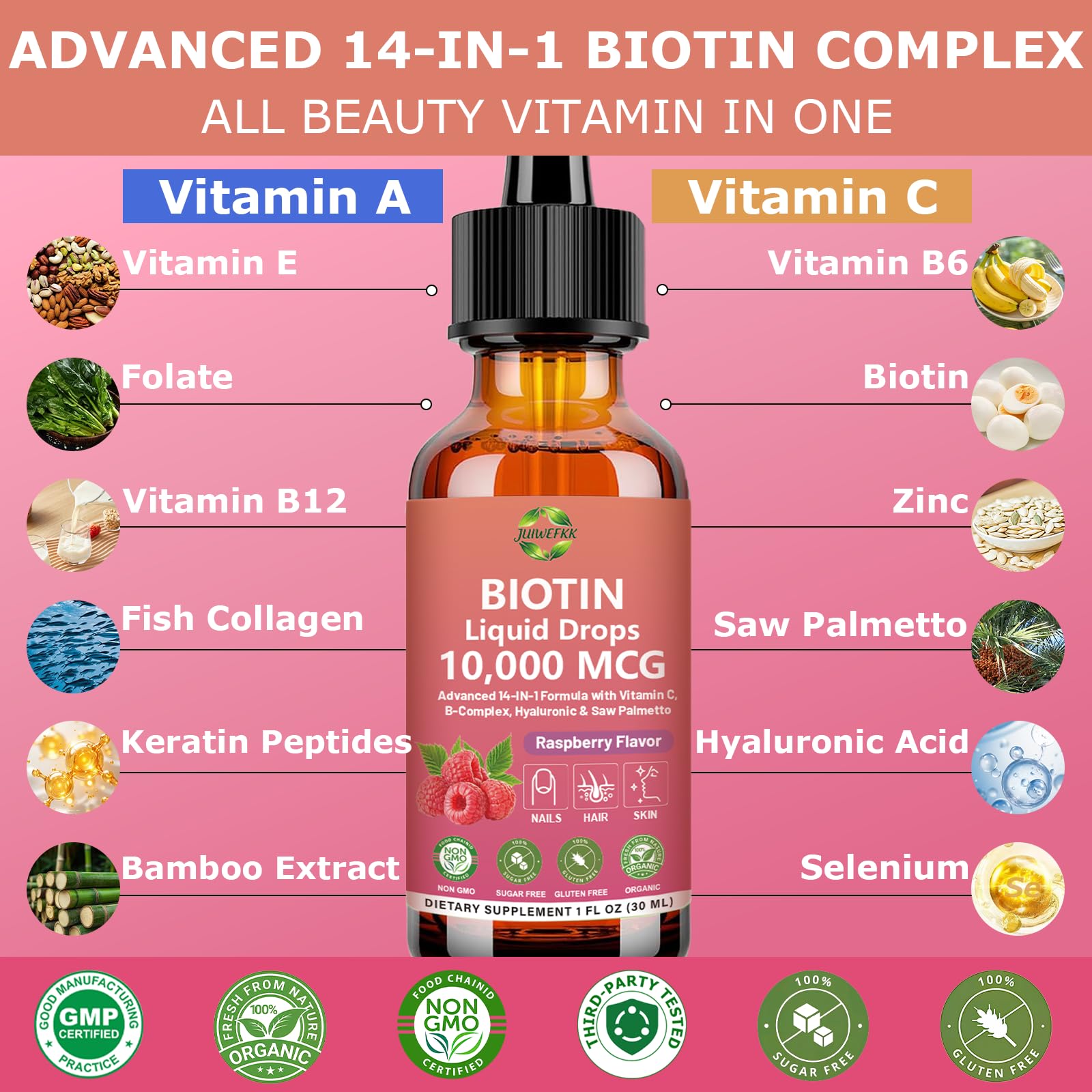 Pure Biotin 10000mcg Liquid Drop Optimal Solutions Hair Skin & Nails Vitamins Support w. Collagen Keratin Hyaluronic Acid Saw Palmetto, Biotin(Vitamin B7) for Hair Growth & Cellular Energy JUIWEFKK uk supplements