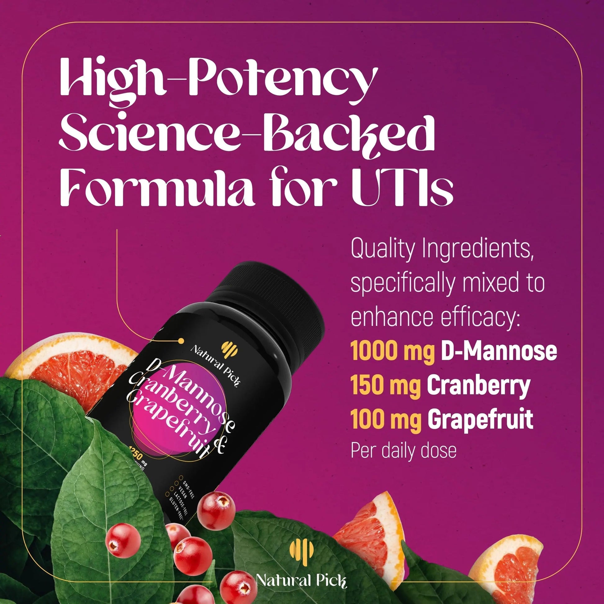 Natural Pick D-Mannose - Cranberry & Grapefruit – Cranberry Pills, UTI Treatment and Fast Relief for Women | Urinary Tract & Bladder Support. 90 Vegan Capsules, D mannose Supplements for Women Natural Pick uk supplements