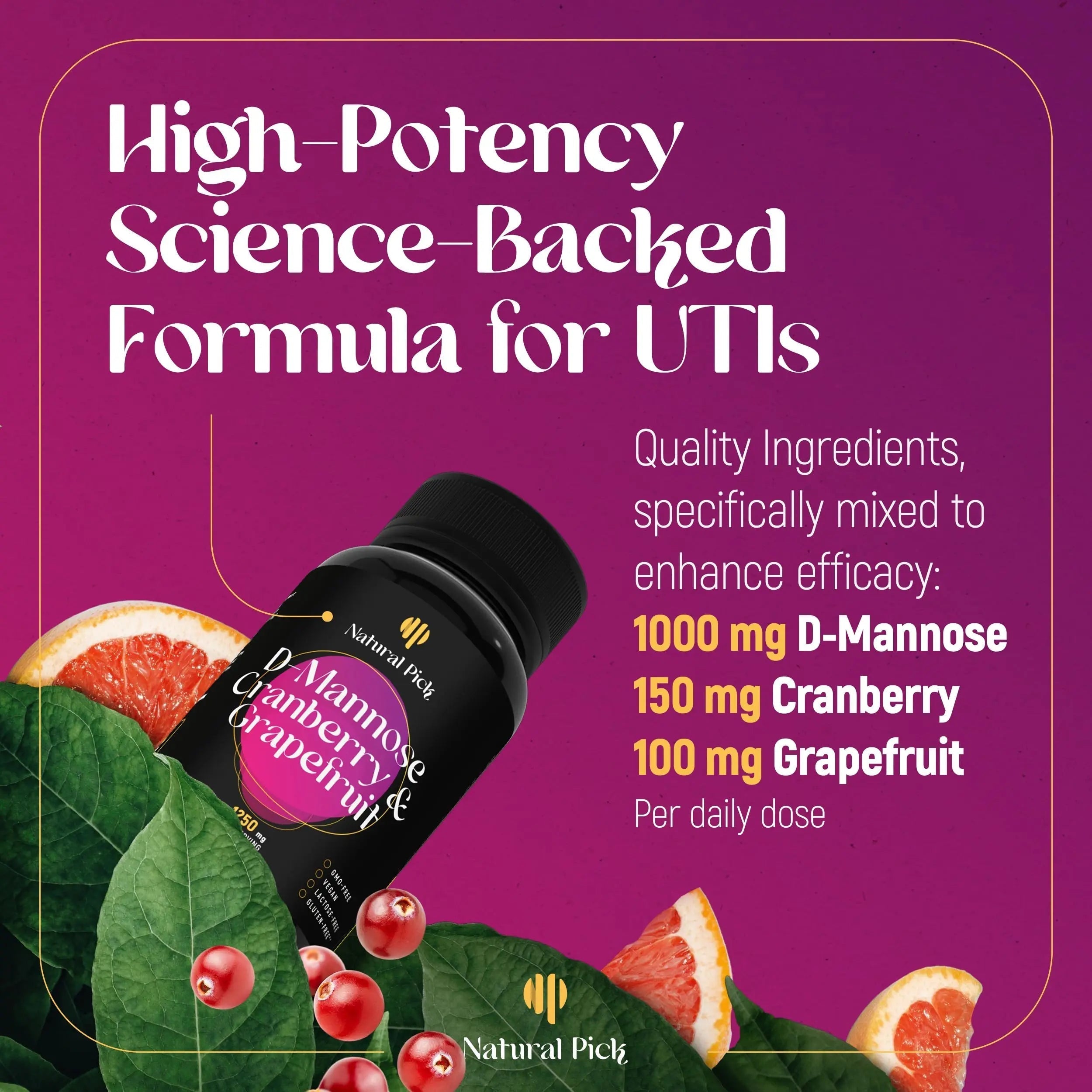 Natural Pick D-Mannose - Cranberry & Grapefruit – Cranberry Pills, UTI Treatment and Fast Relief for Women | Urinary Tract & Bladder Support. 90 Vegan Capsules, D mannose Supplements for Women Natural Pick uk supplements