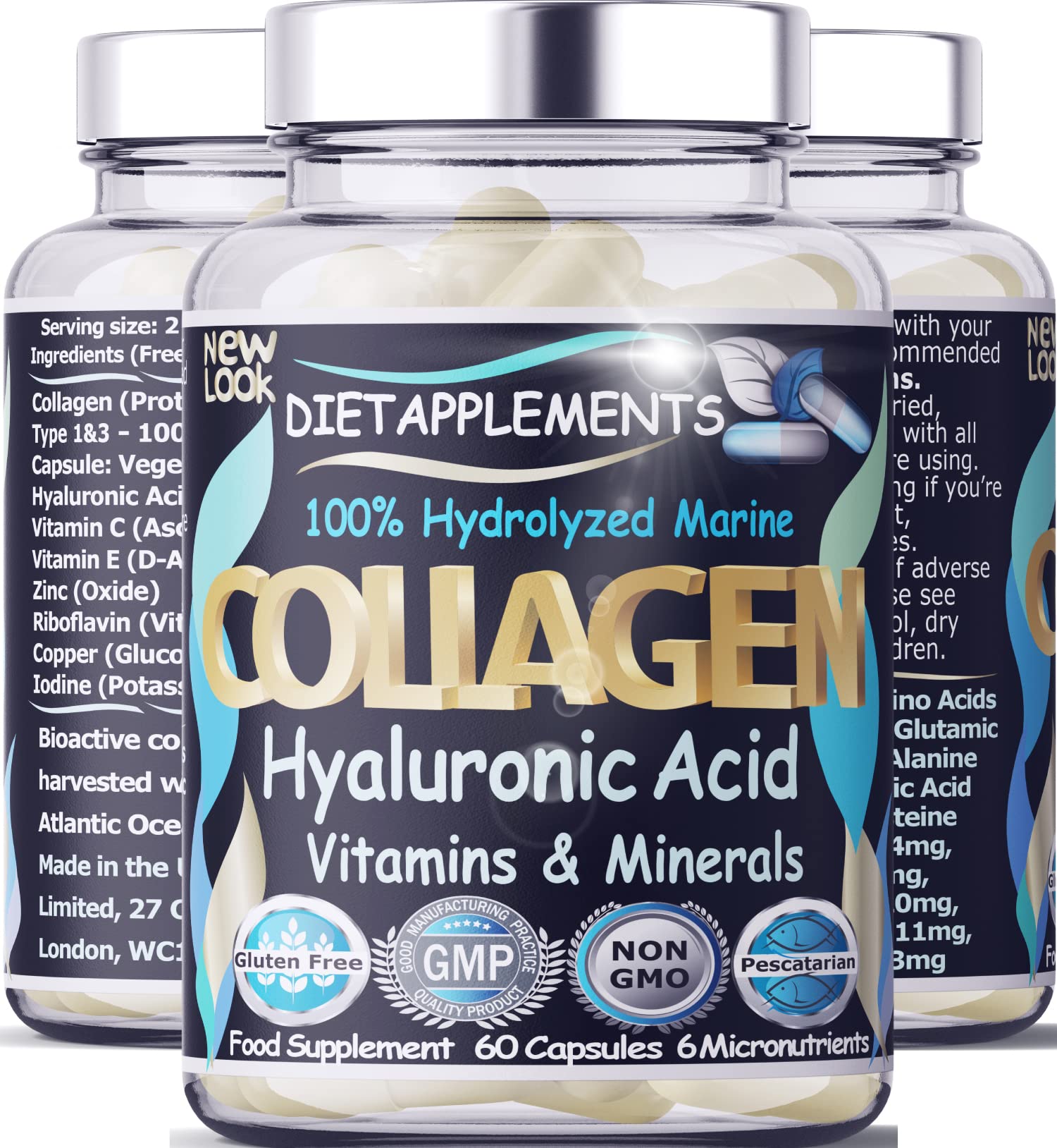 Marine Collagen Type 1&3 1000mg, Hyaluronic Acid 200mg/serving; Vitamin C, Zinc, Copper for Immune System Dietapplements uk supplements