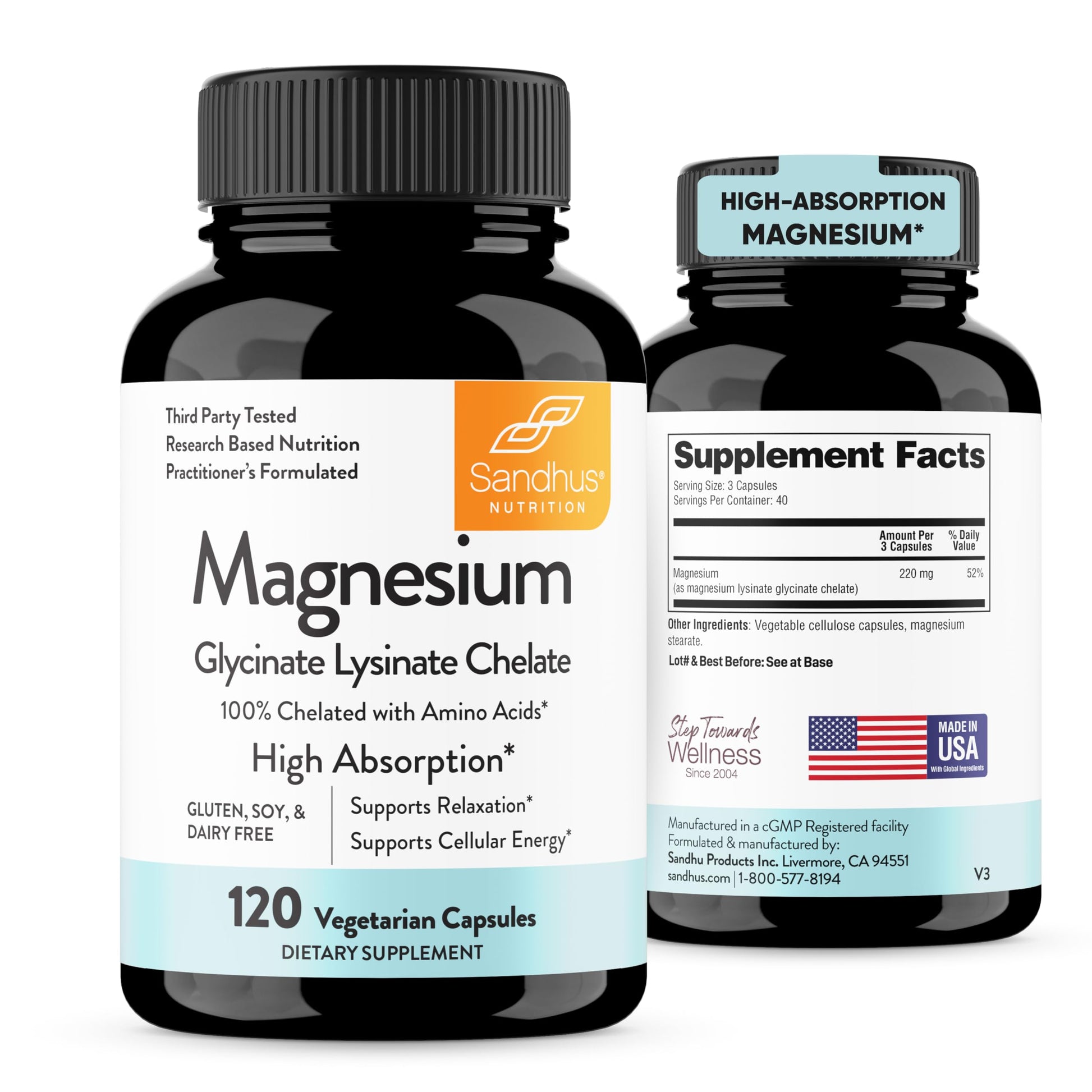 Sandhu's Magnesium Glycinate Lysinate | 120 Easy to Swallow Chelated Vegan Capsules | Magnesium Lysine Chelate Supplement for High Absorption | for Best Sleep, Leg Cramps, Relaxation Sandhu's uk supplements