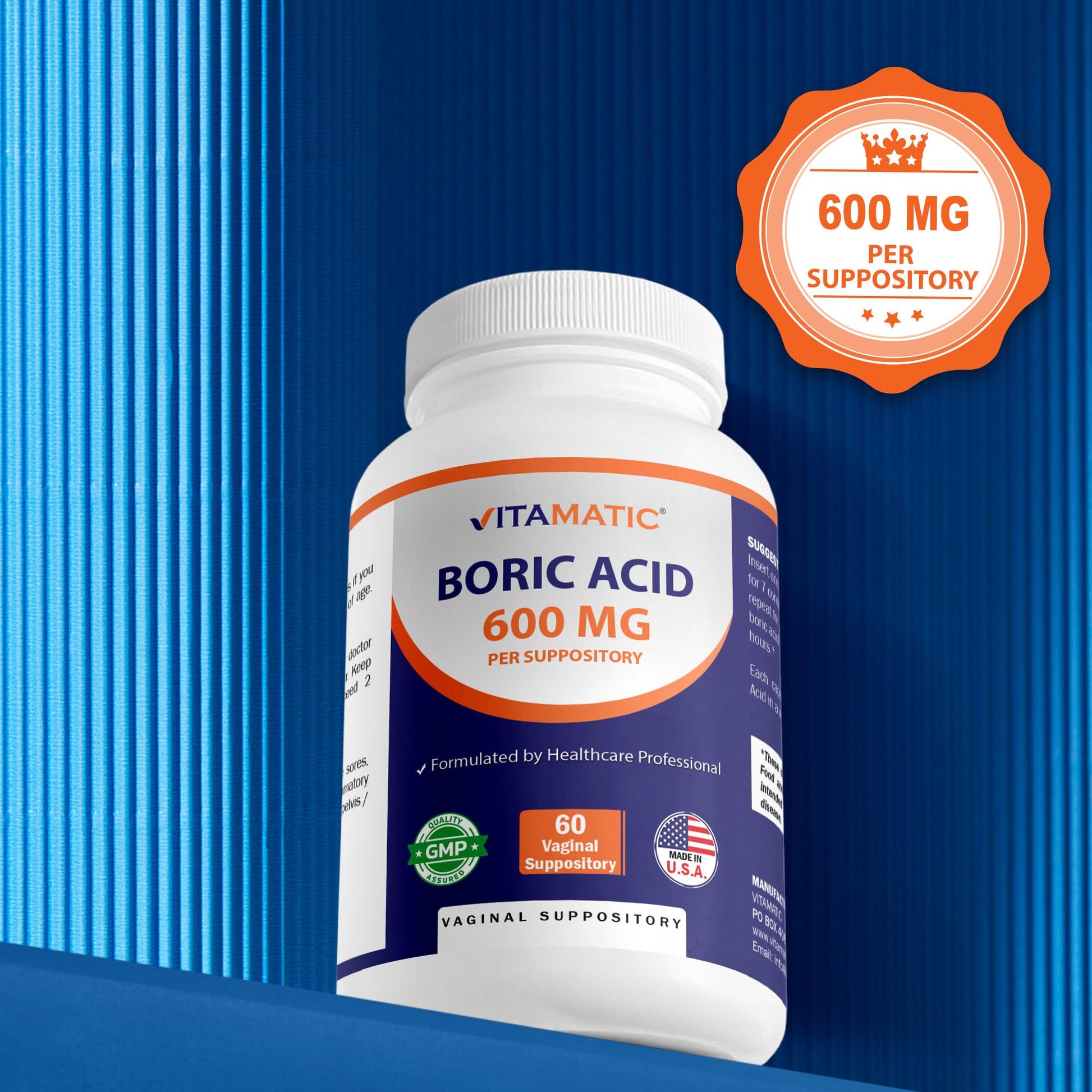 Vitamatic Boric Acid Vaginal Capsule Shell Suppositories 600 mg USP Grade Boric Acid in Vegetarian Capsule Shell - 60 Count Vitamatic uk supplements